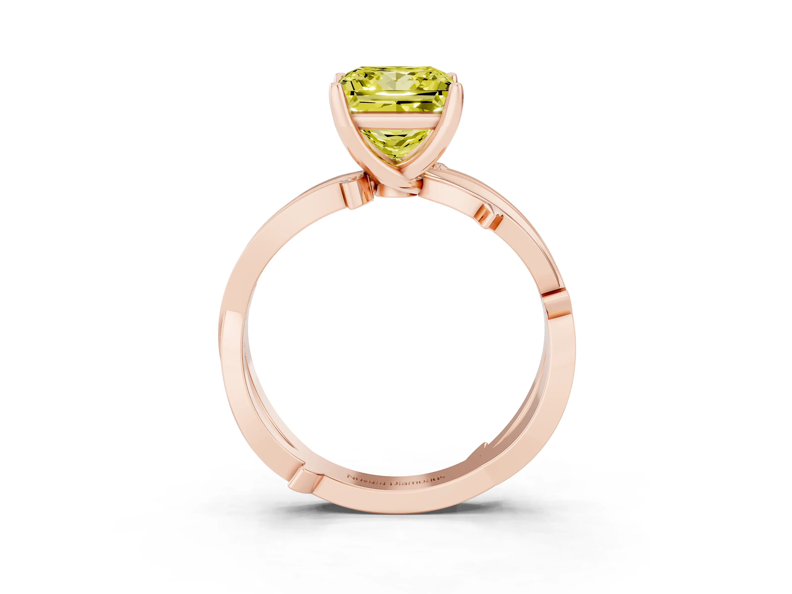 Fancy Yellow Princess Cut Diamond Pavé Twist Band Solitaire Ring Set in Rose gold with Prong Setting