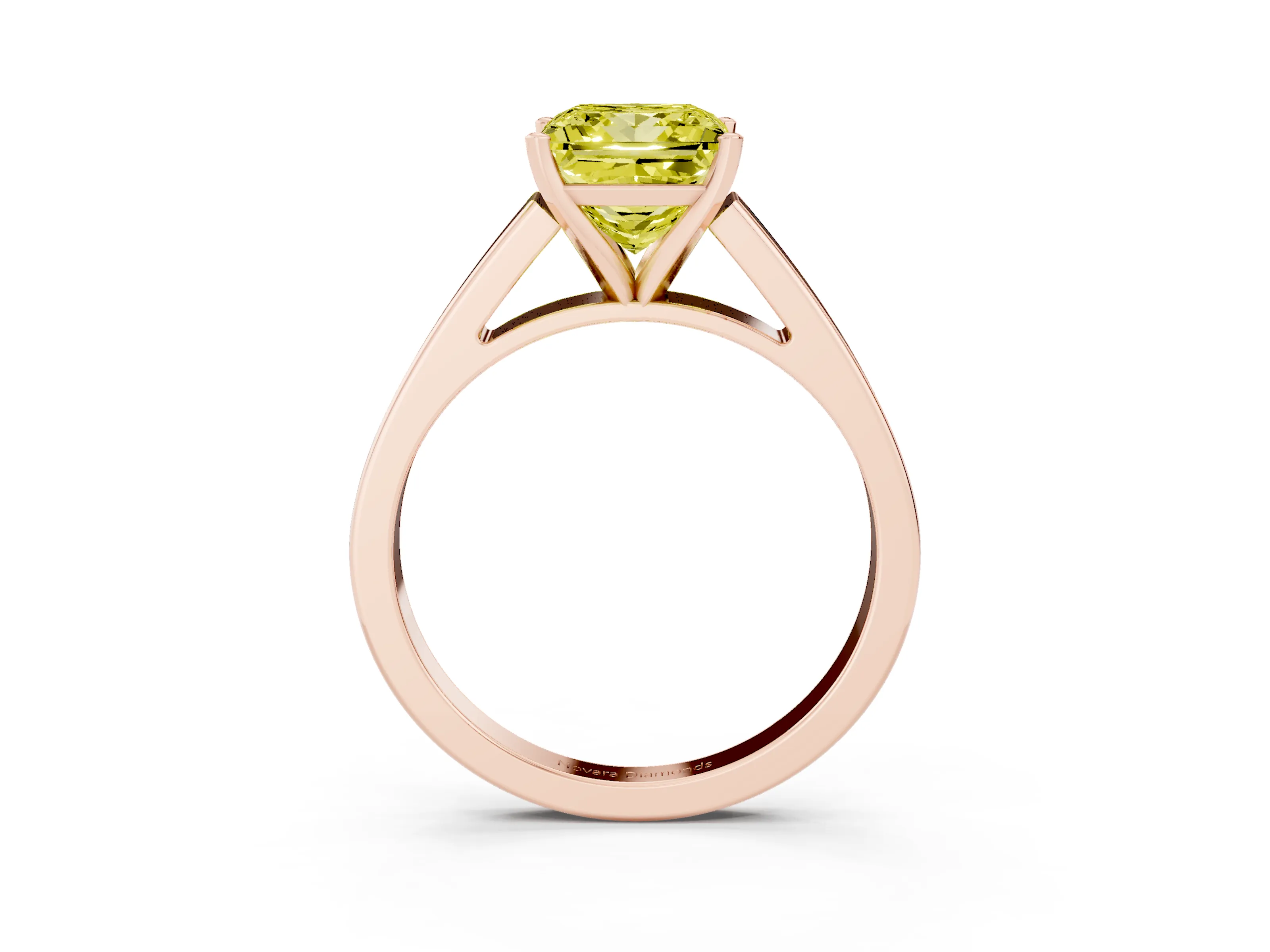 Fancy Yellow Princess Cut Diamond Solitaire Engagement Ring Set in Rose gold with Prong Setting and Tapered Band