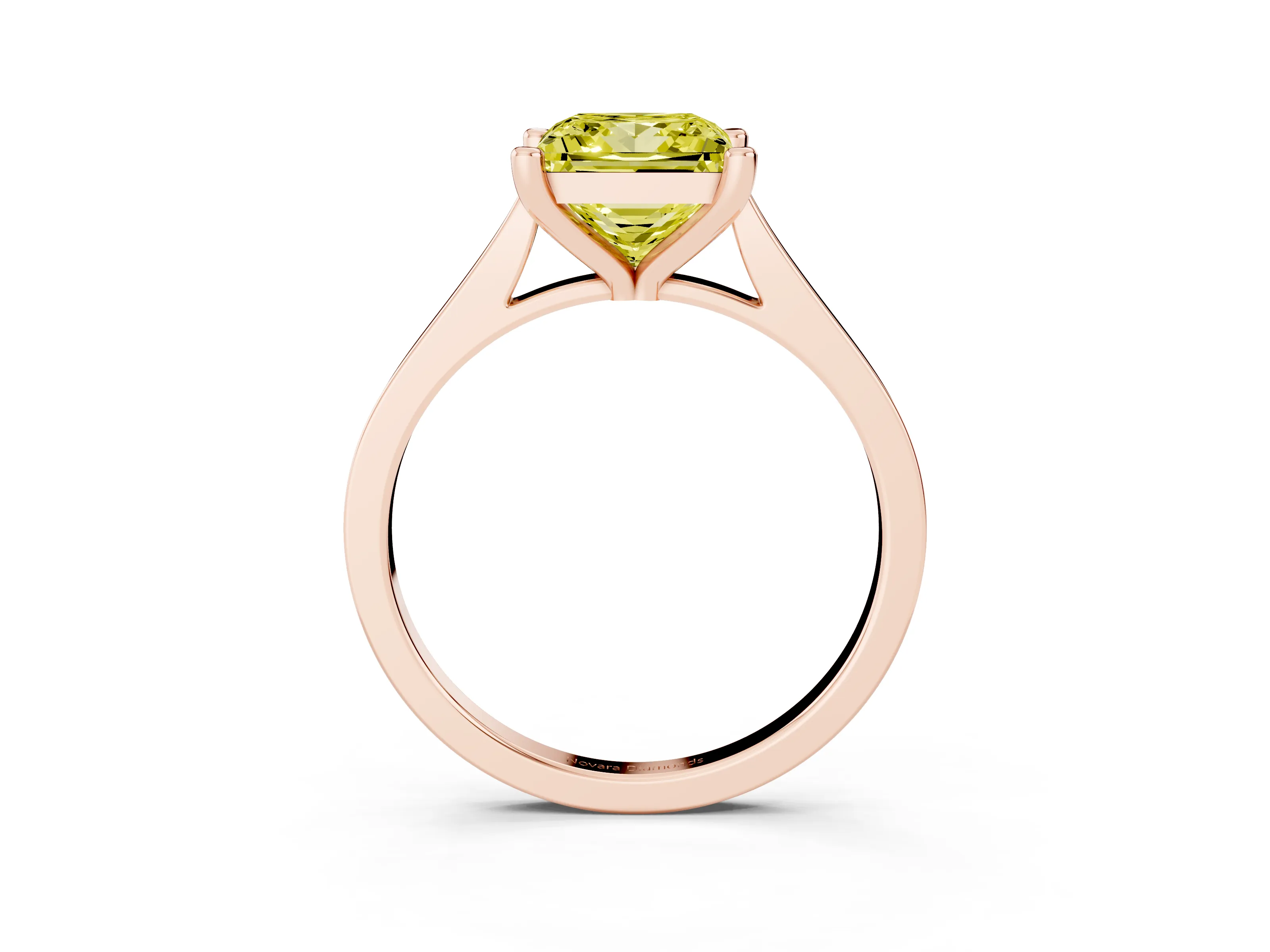 Fancy Yellow Princess Cut Diamond Solitaire Ring Set in Rose gold with Prong Setting and Tapered Band