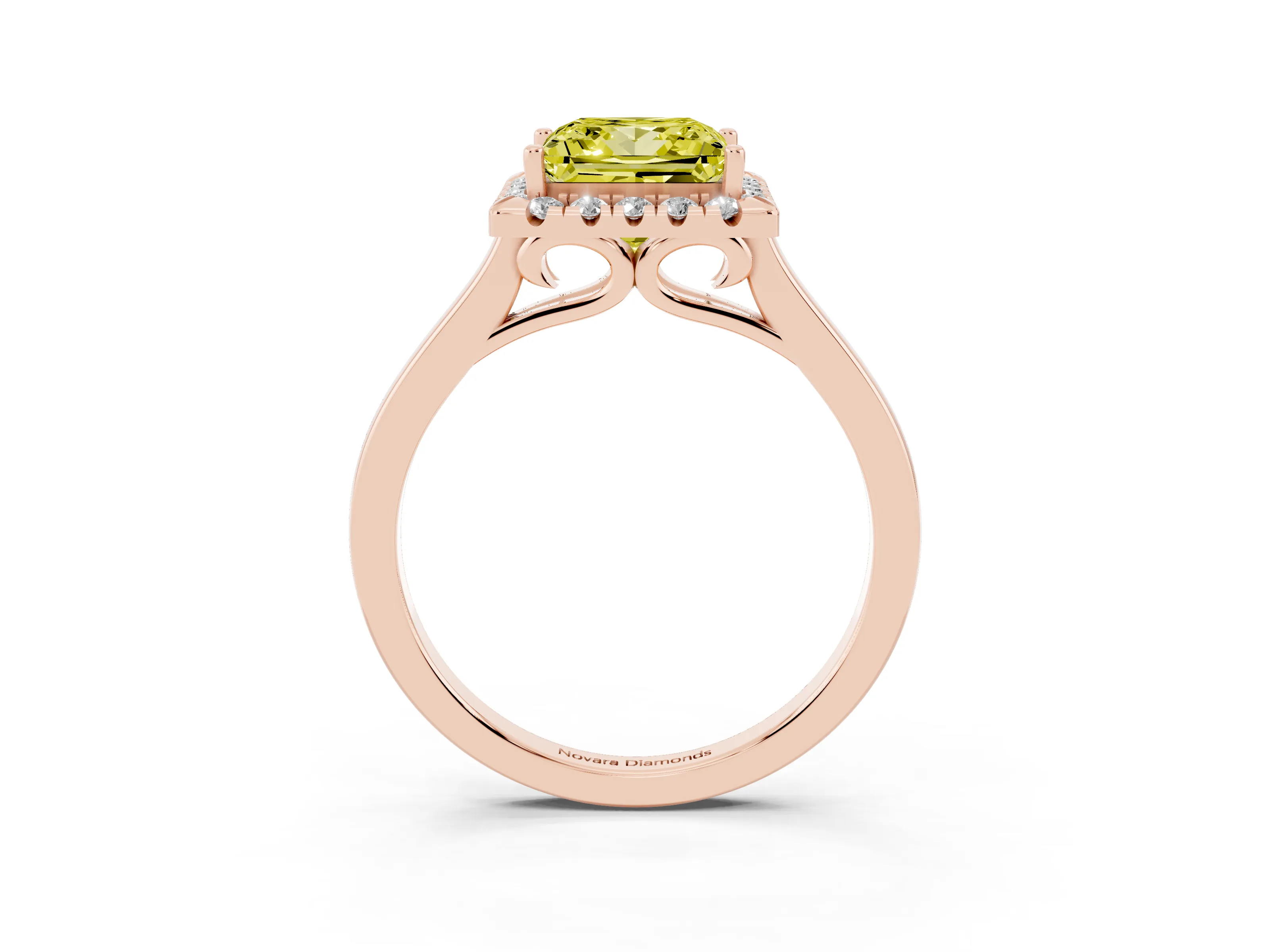 Fancy Yellow Princess Cut Halo Round Diamond Solitaire Ring Set in Rose gold with Pavé Band and Prong Setting
