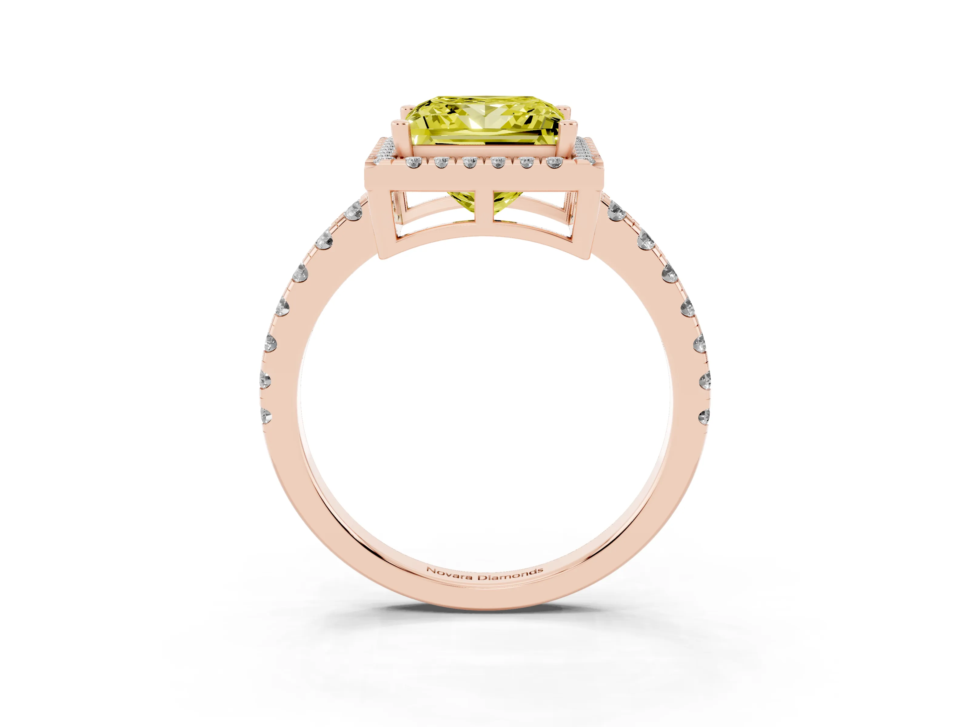 Fancy Yellow Princess Cut Diamond Halo Ring Set in Rose gold with Delicate Pavé Band and Prong Setting