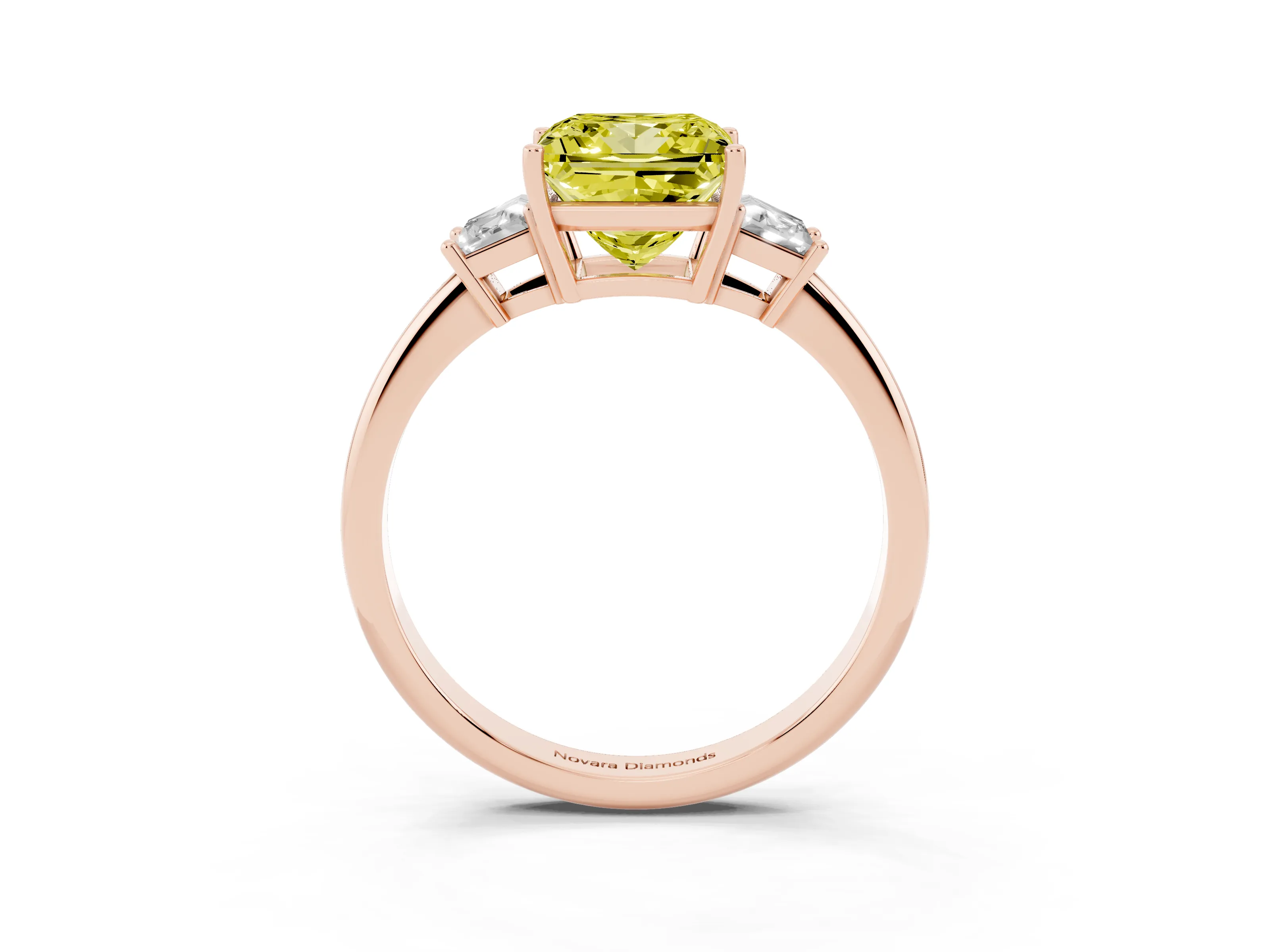 Fancy Yellow Princess Cut Diamond Three-Stone Ring Set in Rose gold with Trapezoid Side Stones and Prong Setting