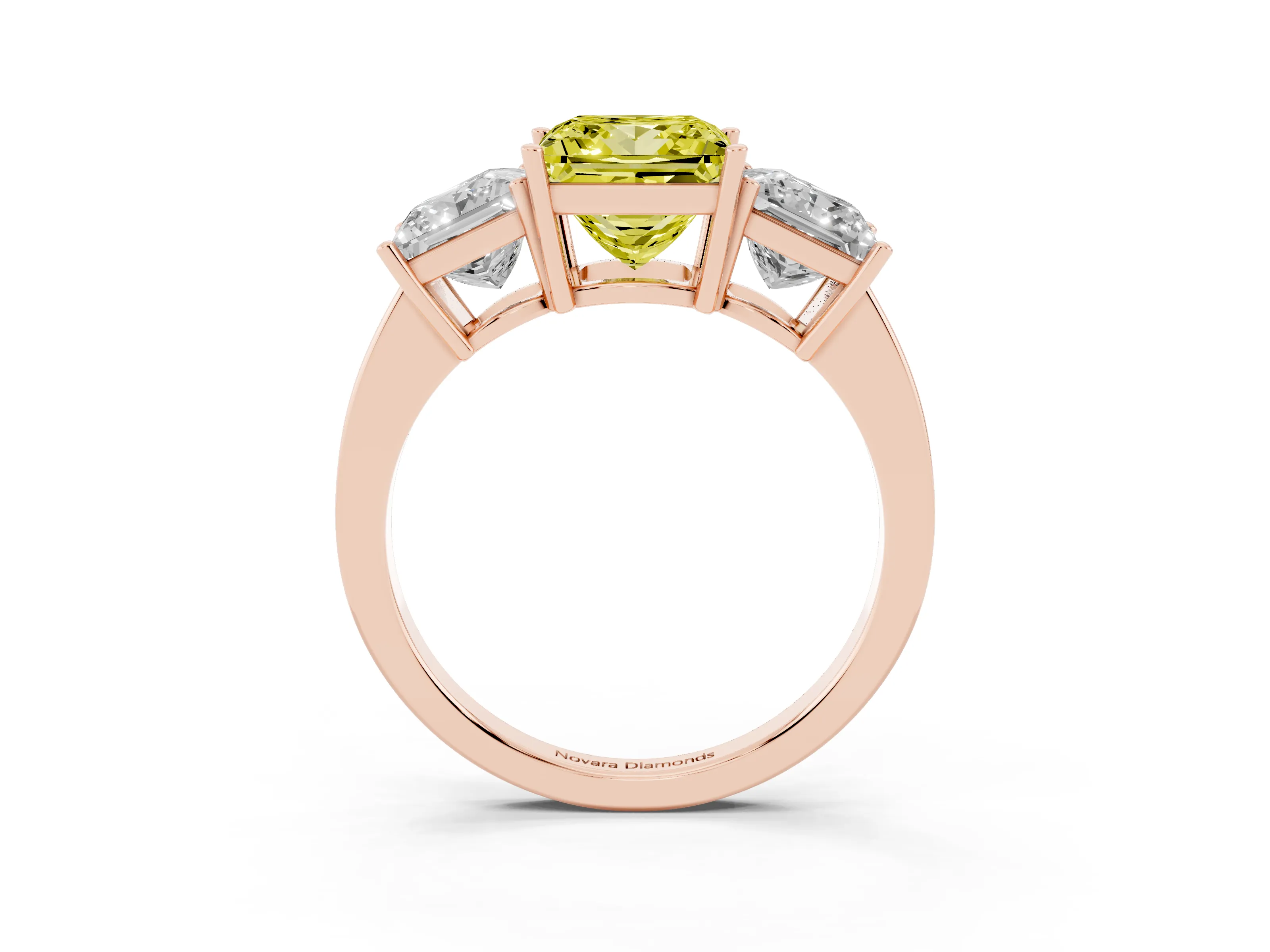 Fancy Yellow Princess Cut Diamond Three-Stone Engagement Ring Set in Rose gold with Flat Band