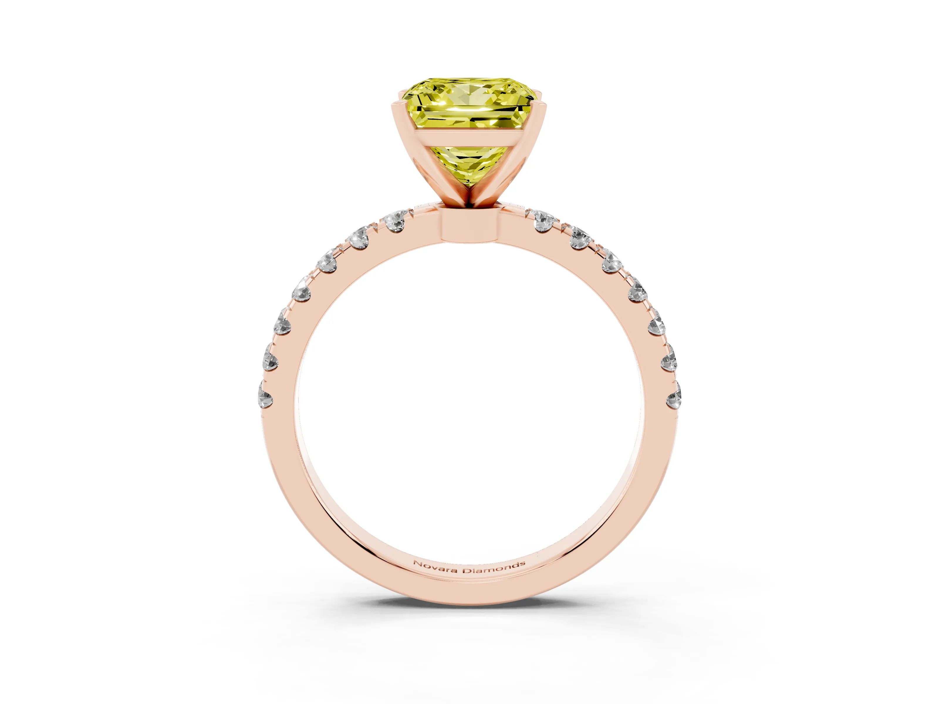 Fancy Yellow Princess Cut Diamond Solitaire Ring Set in Rose gold with Pavé Accents and Prong Setting