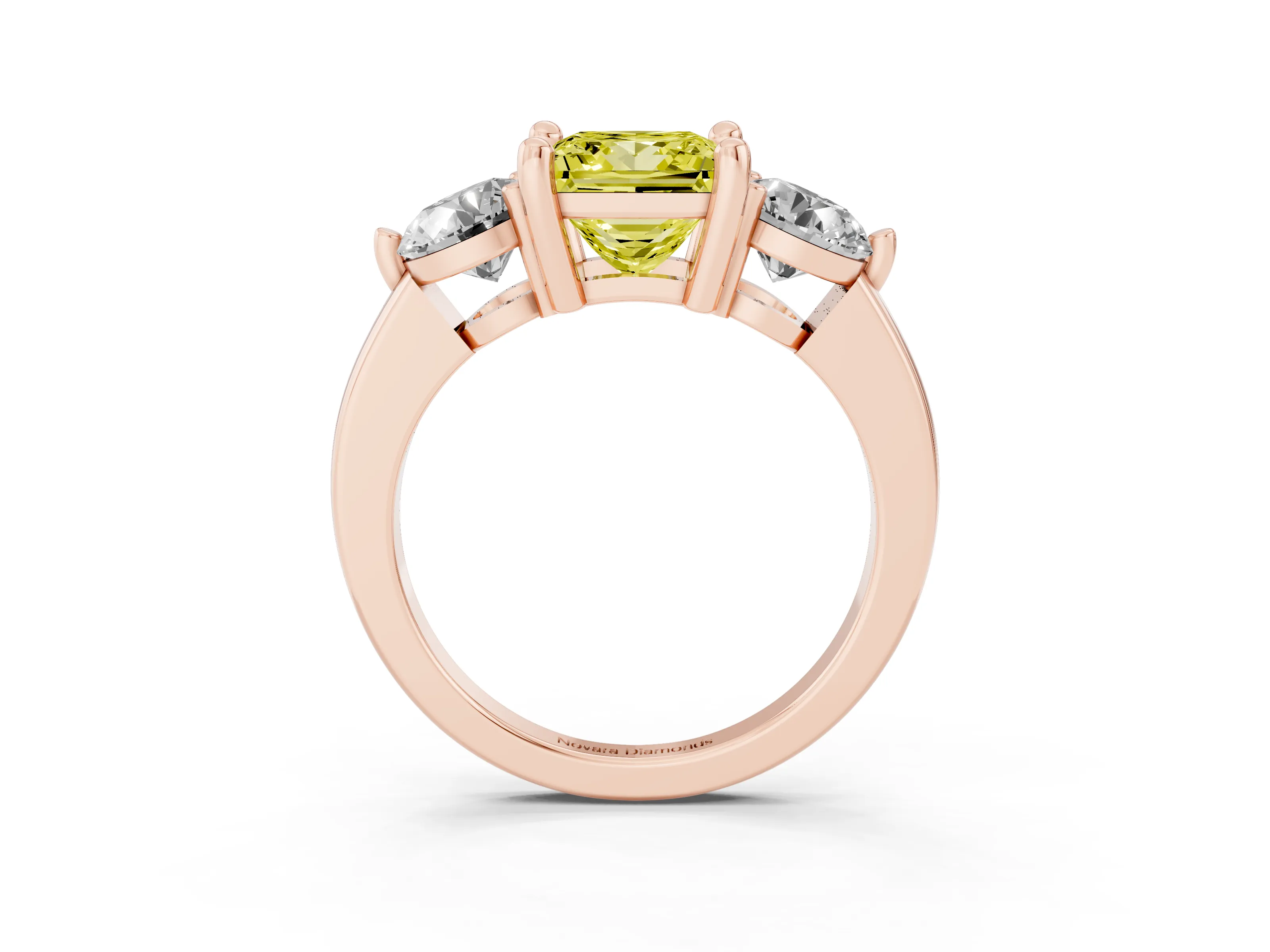 Fancy Yellow Princess Cut Diamond Three-Stone Ring Set in Rose gold with Prong Setting and Classic Band