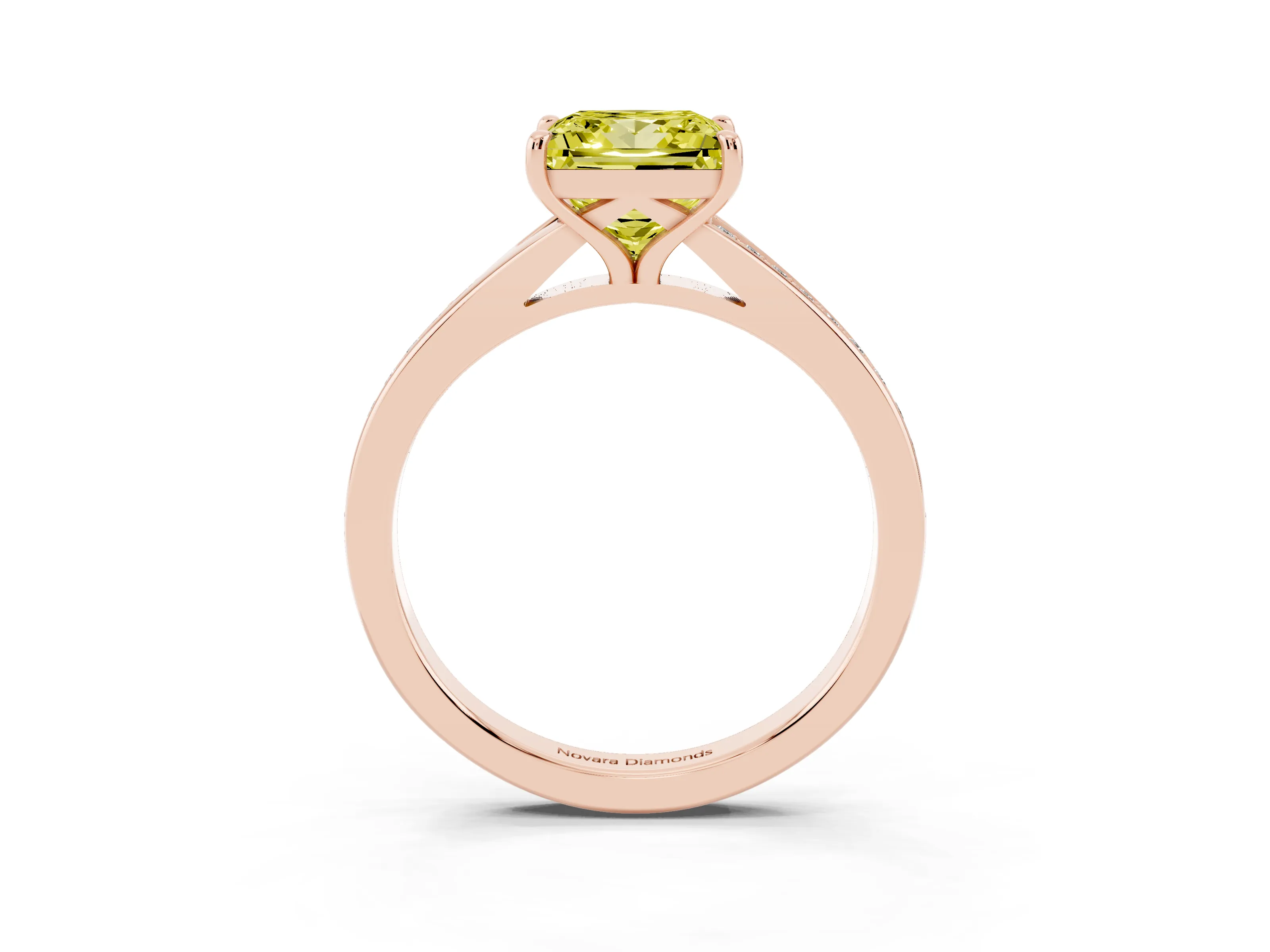 Fancy Yellow Princess Cut Diamond Solitaire Ring Set in Rose gold with Pavé Accent Band and Classic Prong Setting