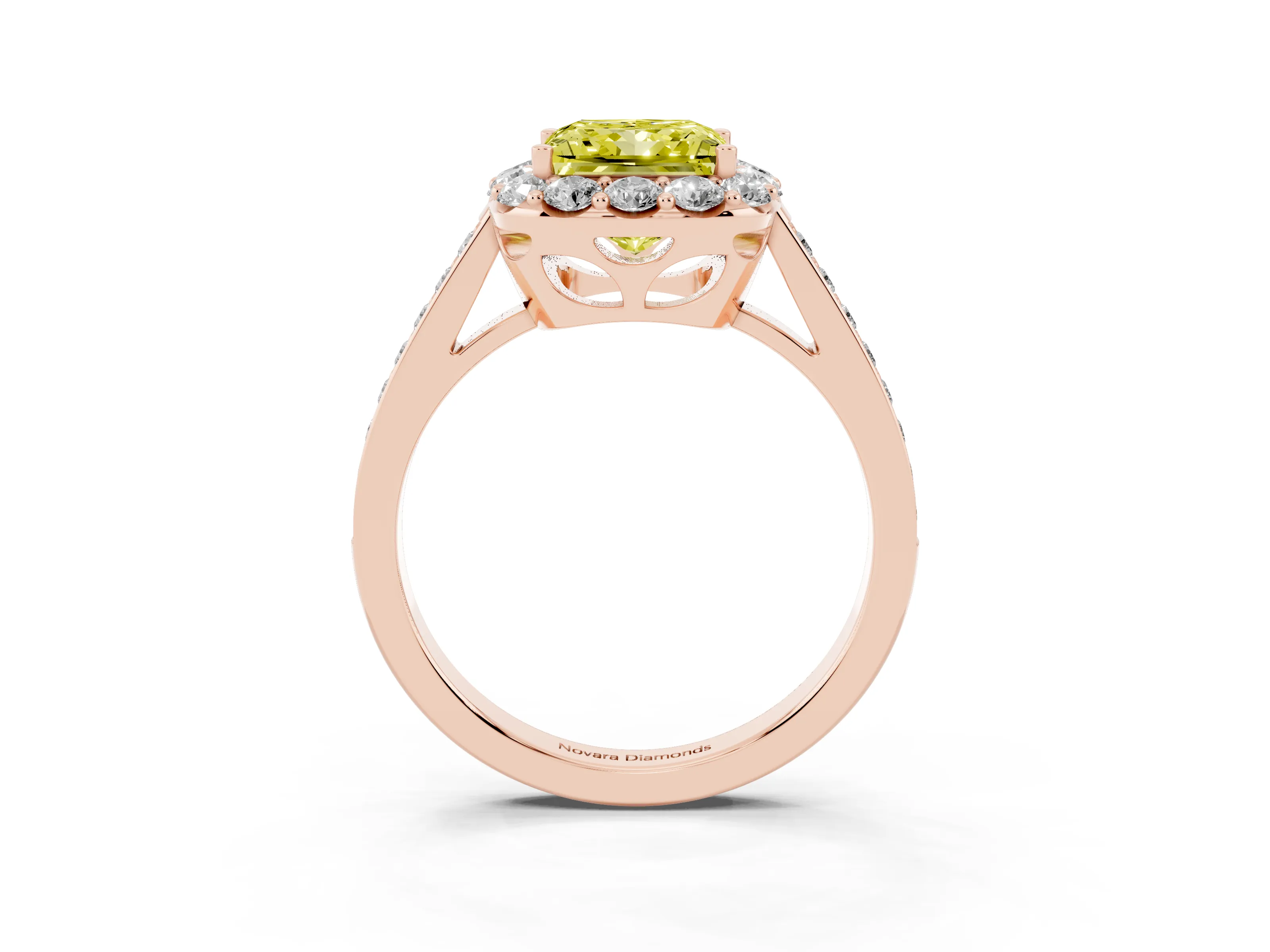 Fancy Yellow Princess Cut Diamond Floral Halo Ring Set in Rose gold with Pavé Band and Prong Setting