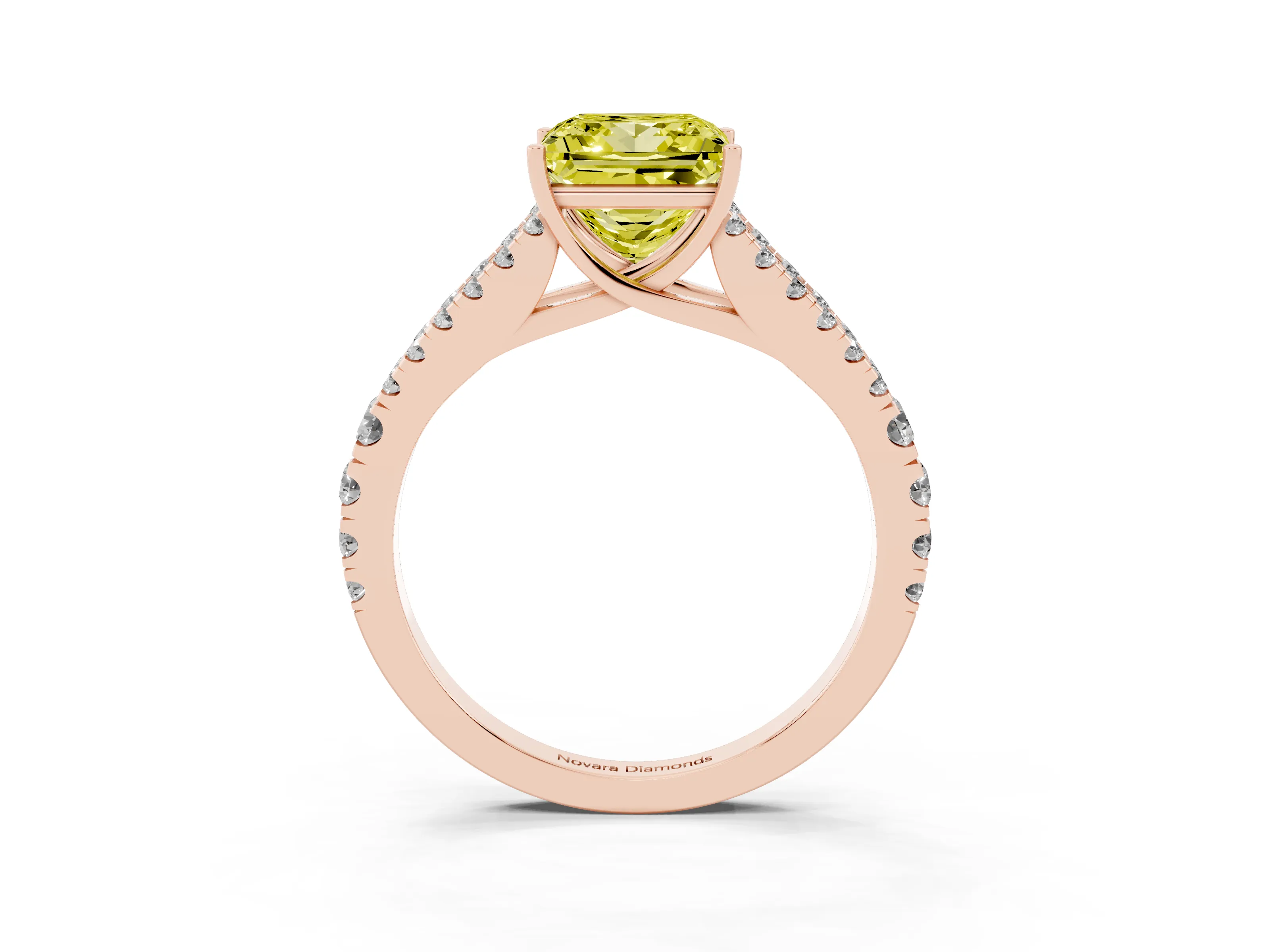 Fancy Yellow Princess Cut Diamond Split Shank Pavé Engagement Ring Set in Rose gold with Prong-Held Center Stone