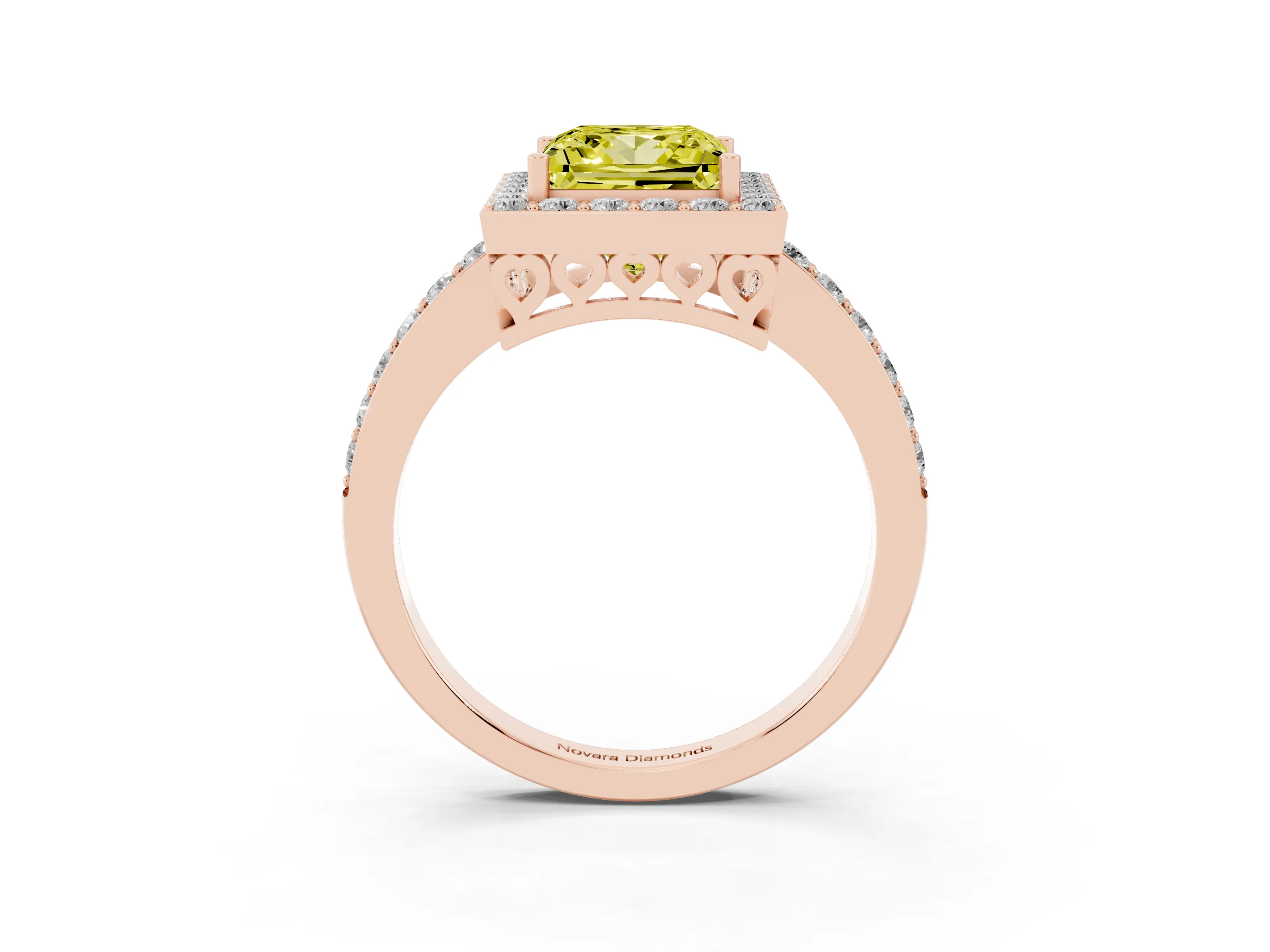 Fancy Yellow Princess Cut Diamond Halo Ring Set in Rose gold with Pavé-Setting Band and Open Prong Center