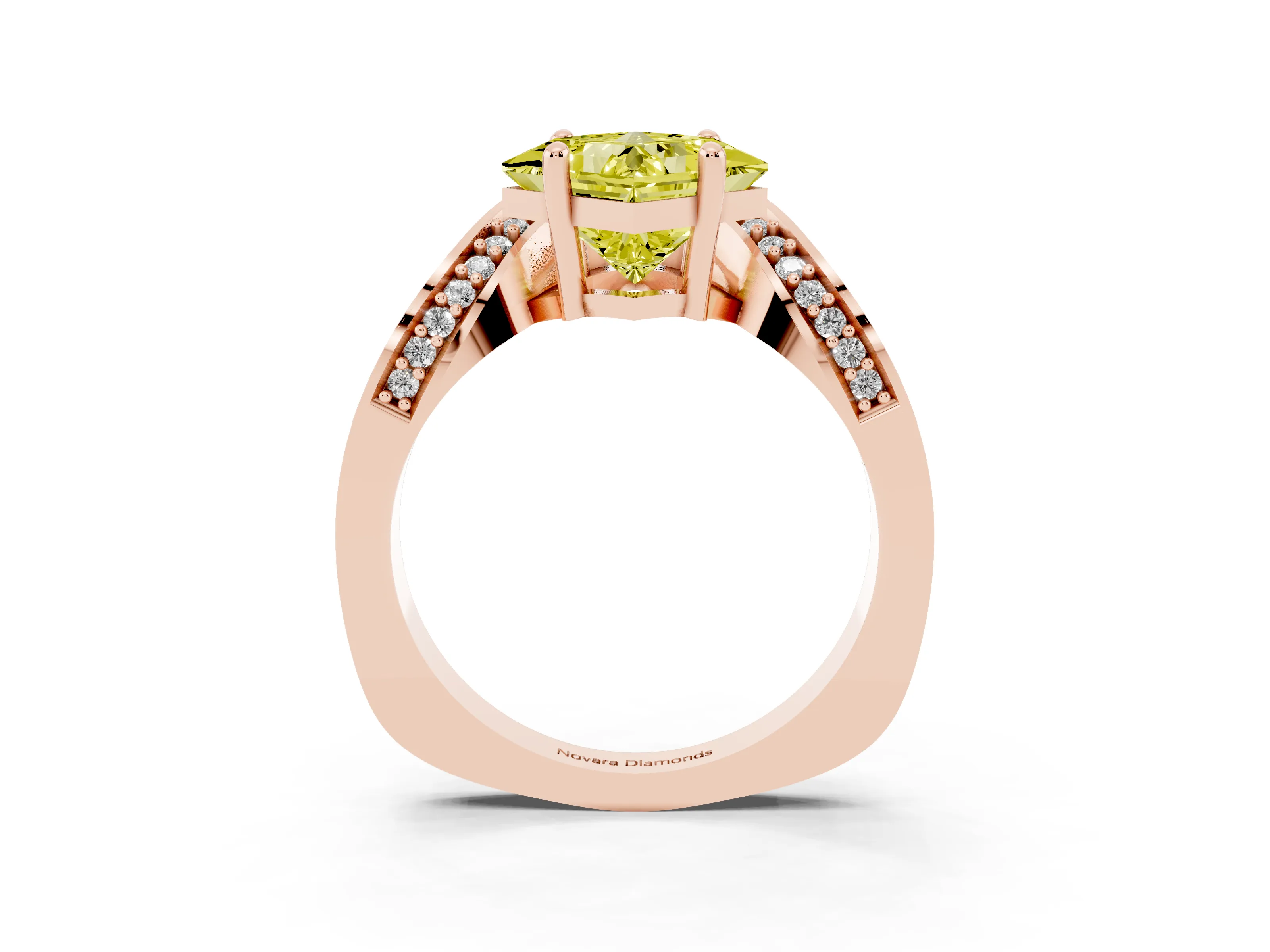 Fancy Yellow Princess Cut Diamond Solitaire Engagement Ring Set in Rose gold with Pavé Shoulders