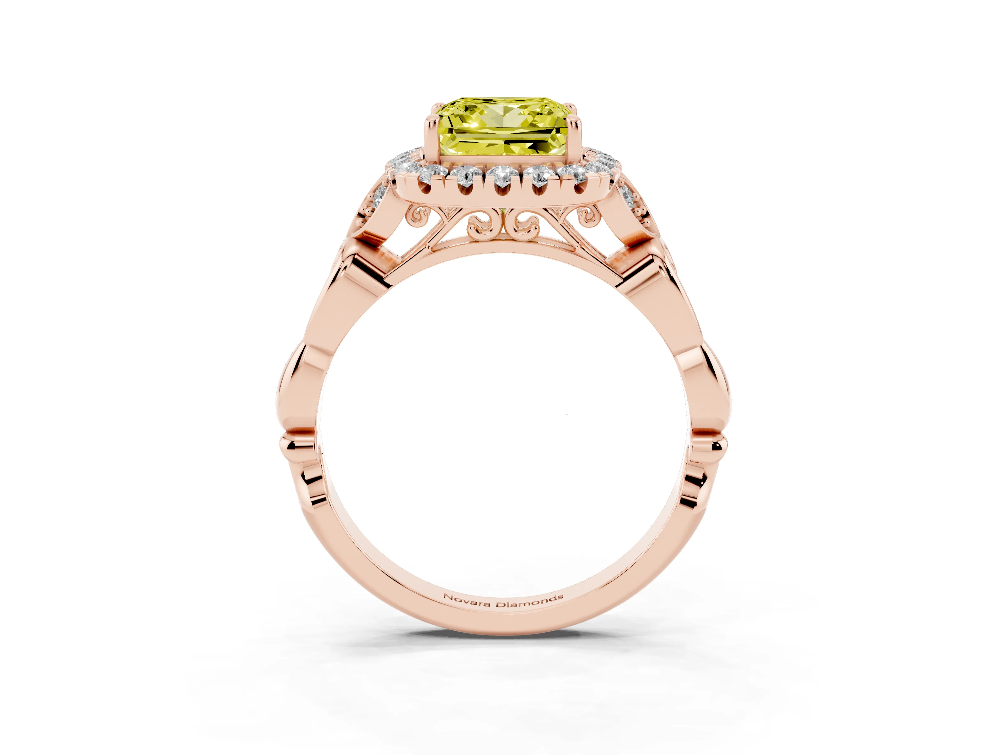 Fancy Yellow Princess Cut Diamond Halo Engagement Ring Set in Rose gold with Vintage-Inspired Band and Prong Setting