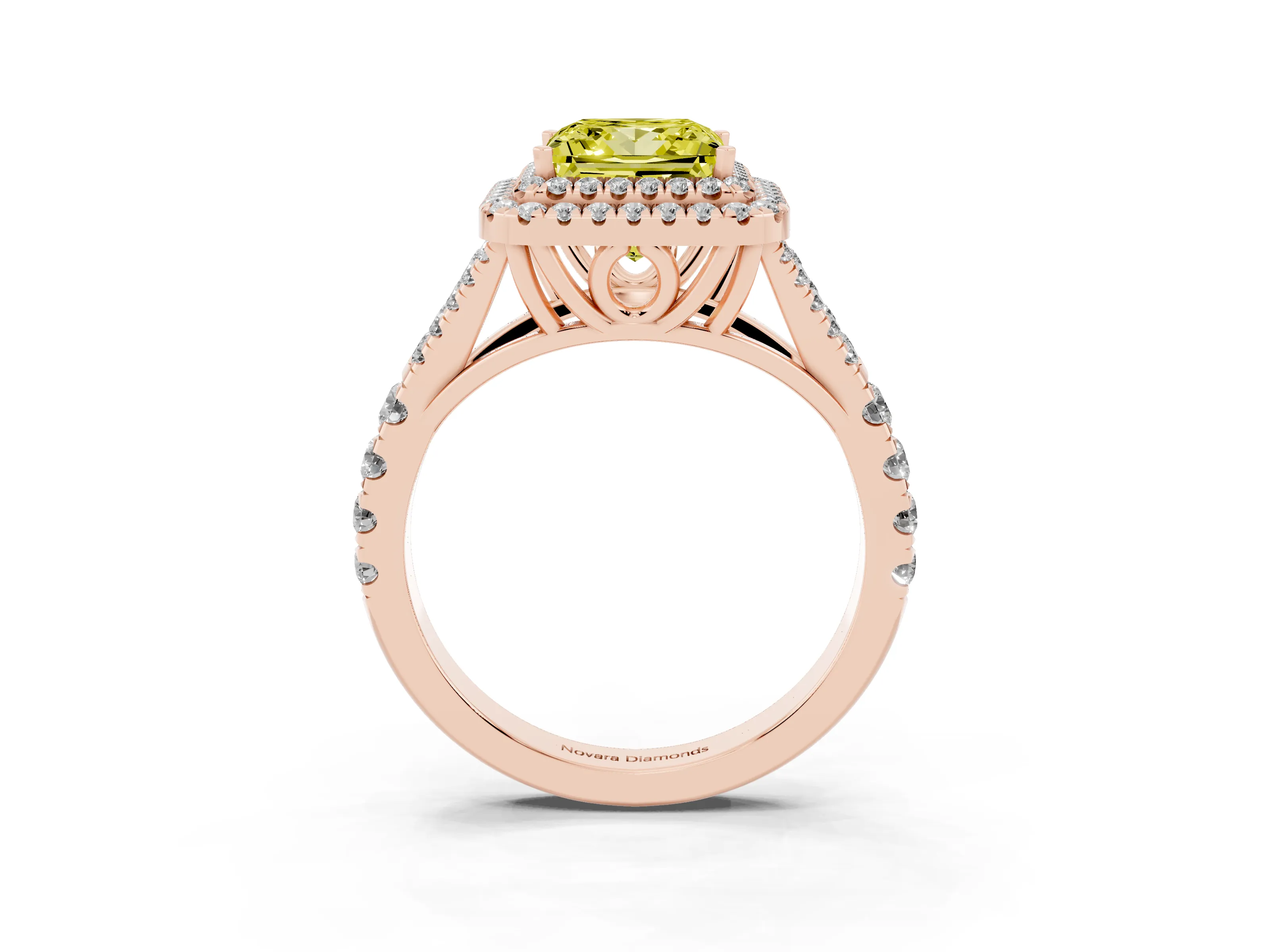 Fancy Yellow Princess Cut Diamond Pavé Split Shank Double Halo Engagement Ring Set in Rose gold