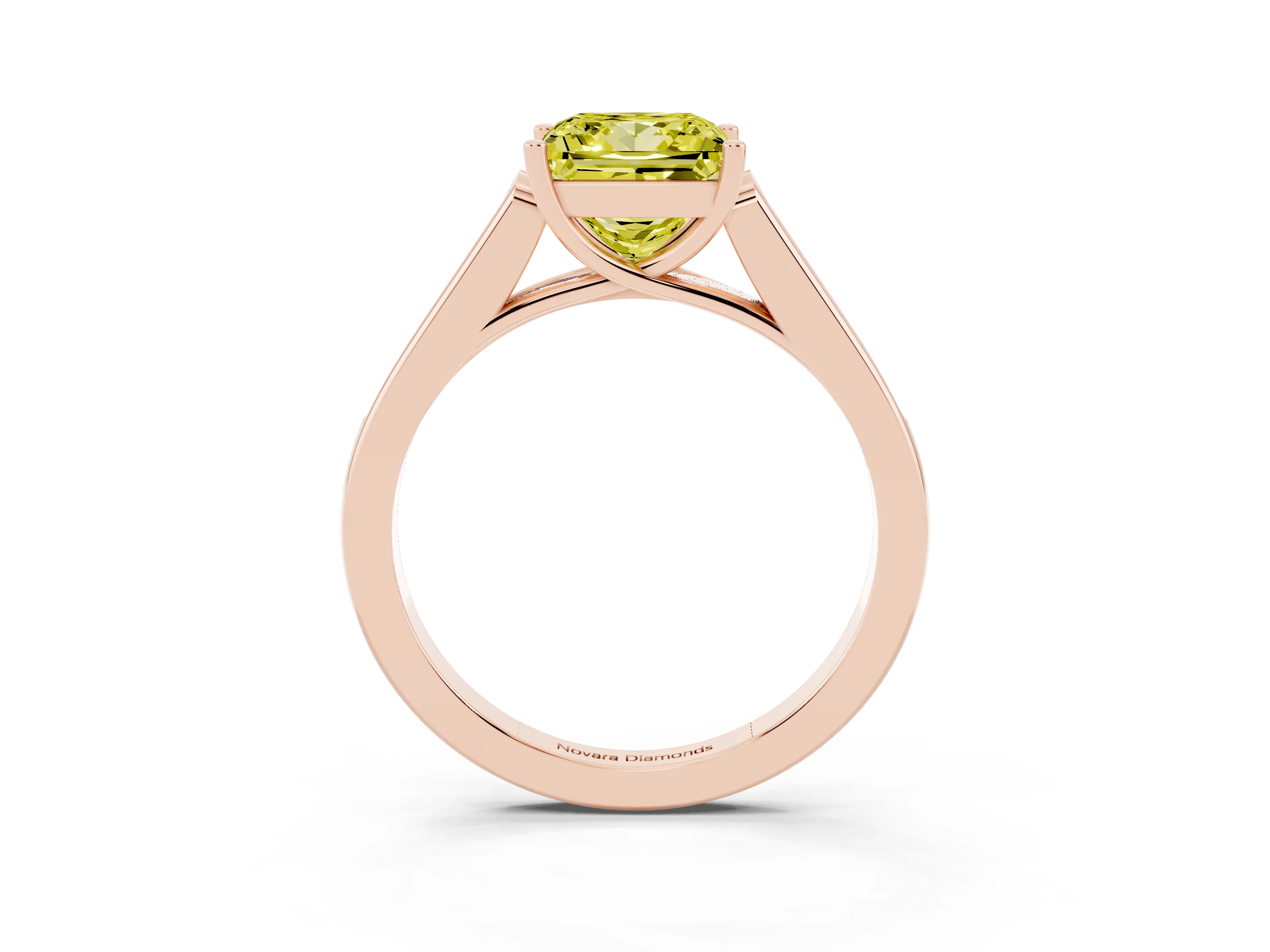 Fancy Yellow Princess Cut Diamond Solitaire Cathedral Engagement Ring Set in Rose gold with Channel-Set Band and Prong Setting