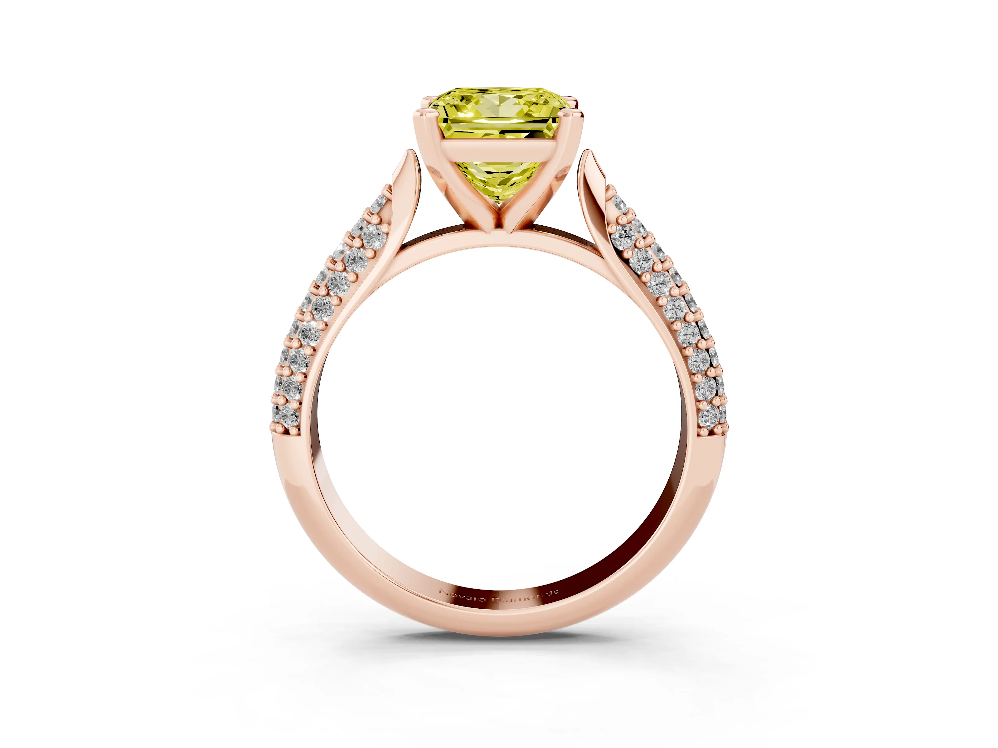 Fancy Yellow Princess Cut Diamond Solitaire Engagement Ring Set in Rose gold with Multi-Row Round Pavé Band and Prong Setting
