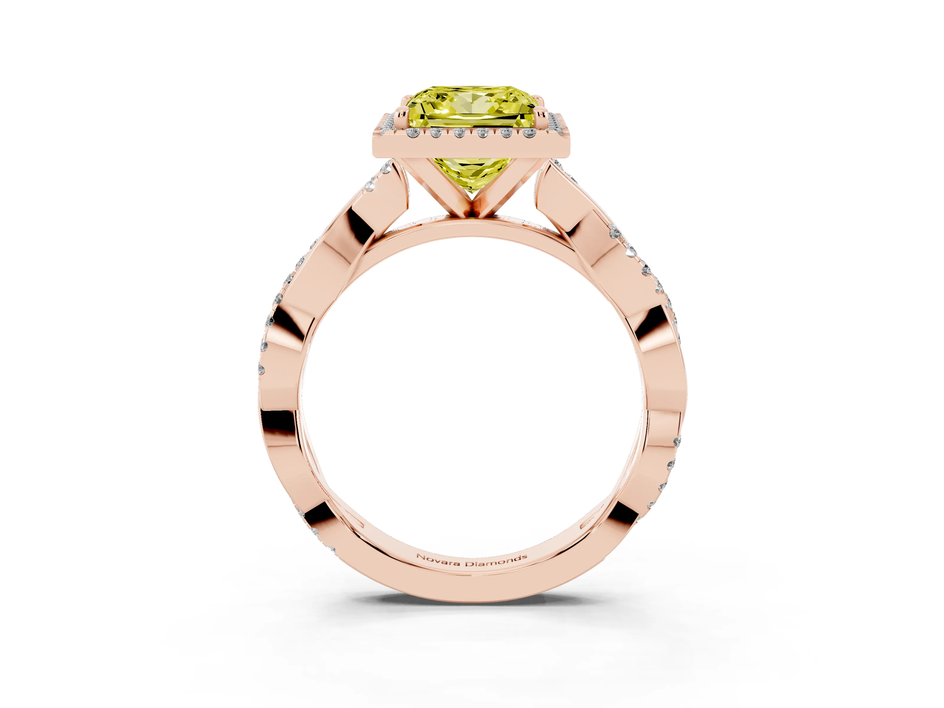 Fancy Yellow Princess Cut Diamond Halo Twisted Band Ring Set in Rose gold with Prong Setting