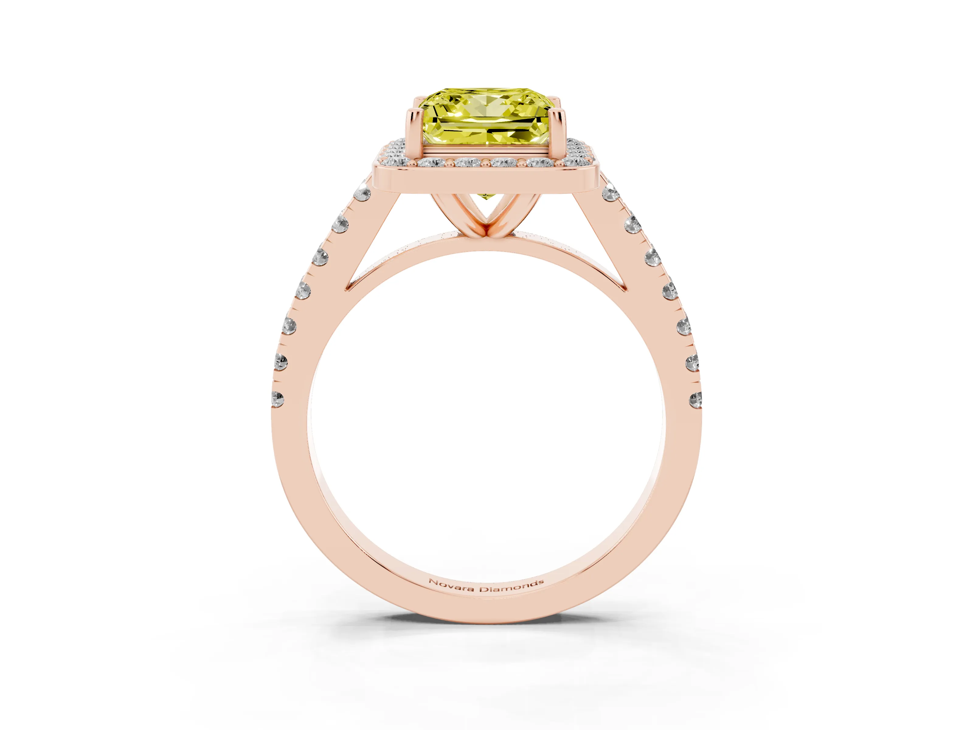 Fancy Yellow Princess Cut Diamond Halo Ring Set in Rose gold with Round Pavé Split Shank and Prong Setting