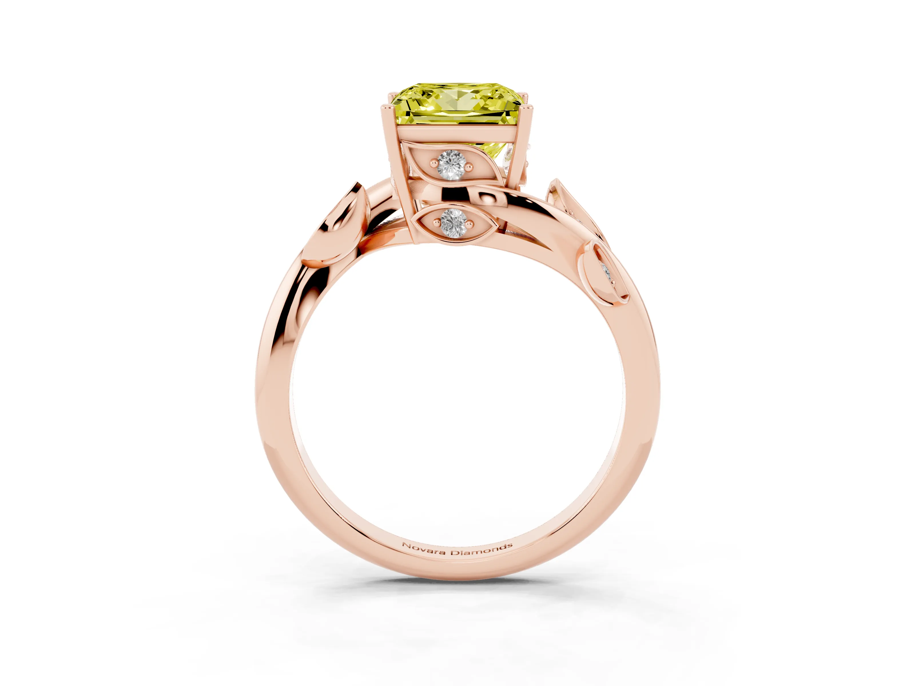 Fancy Yellow Princess Cut Diamond Solitaire Twist Engagement Ring Set in Rose gold with Pavé Leaf Accents