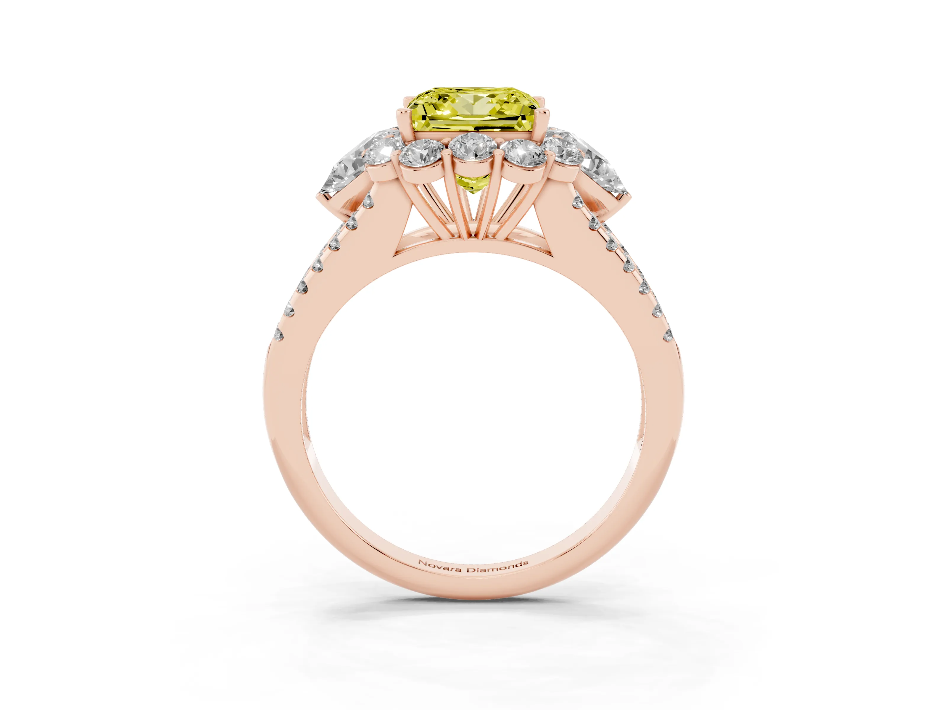 Fancy Yellow Princess Cut Diamond Halo Split Shank Engagement Ring Set in Rose gold with Prong-Held Center Stone