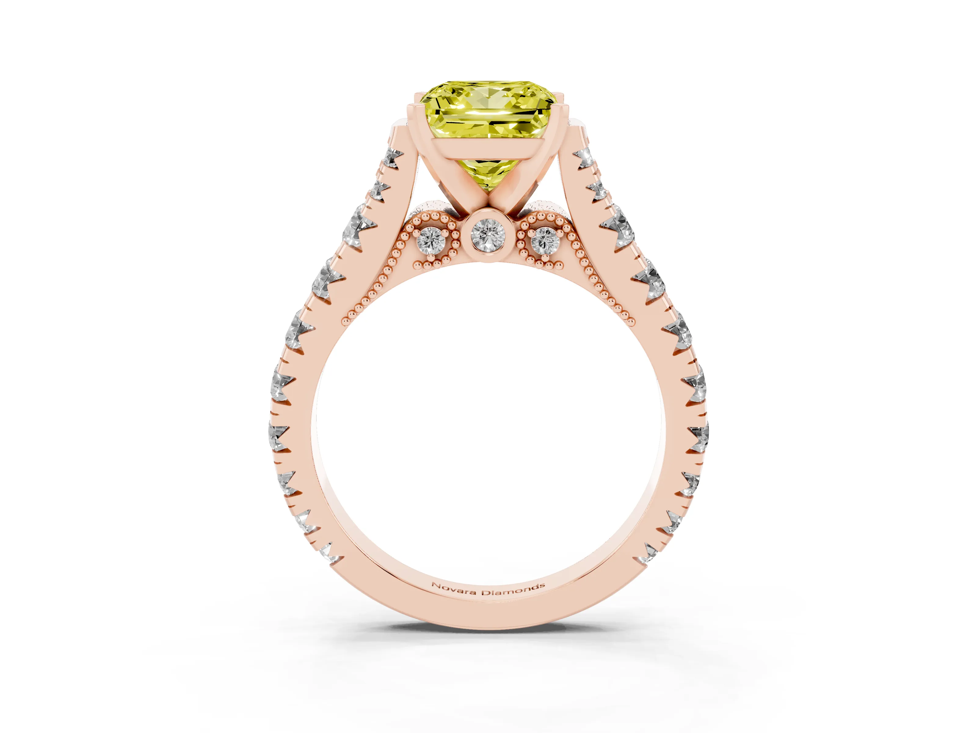 Fancy Yellow Princess Cut Diamond Classic Solitaire Ring Set in Rose gold with Pavé Band and Prong Setting