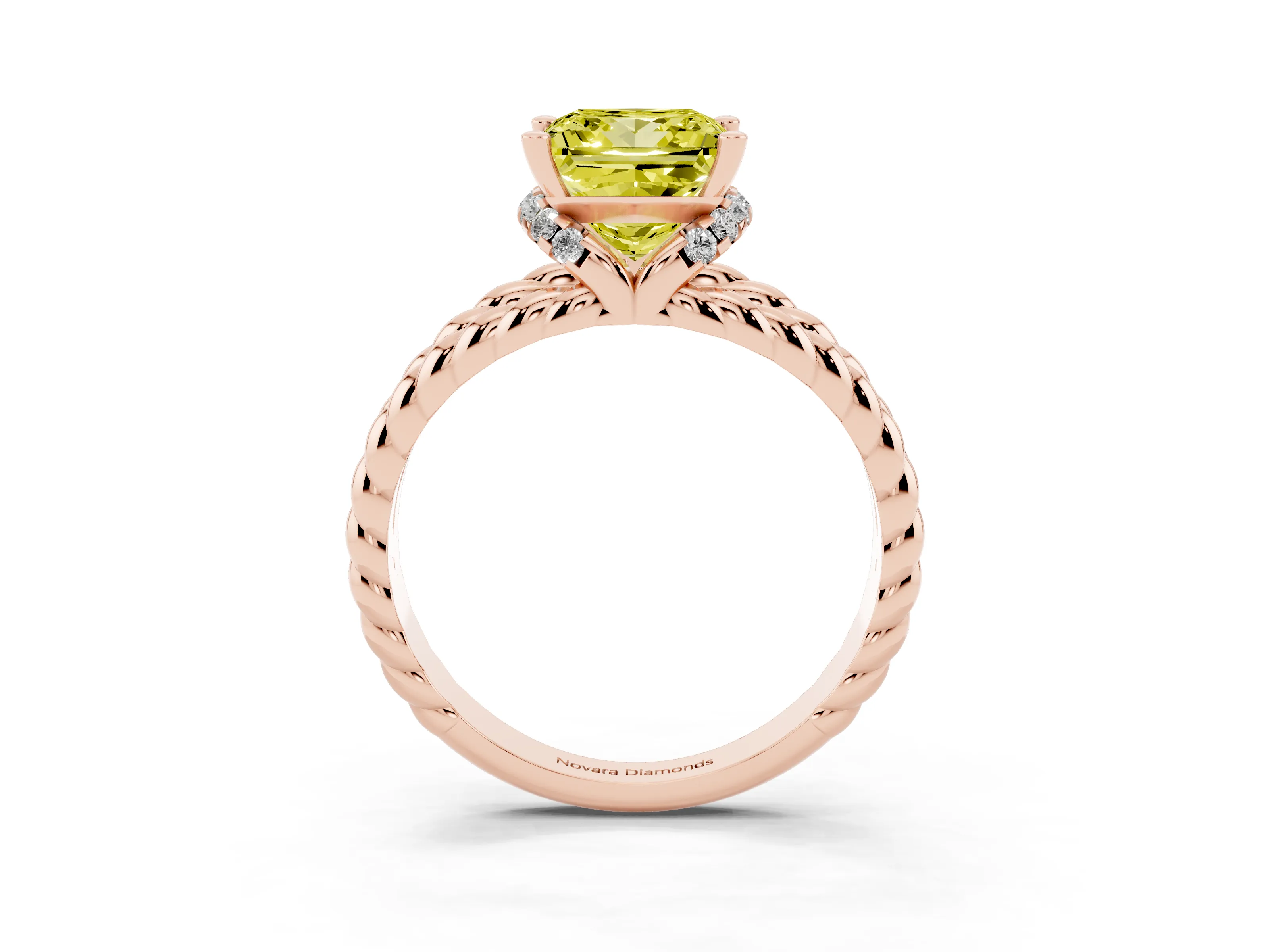 Fancy Yellow Princess Cut Diamond Halo Ring Set in Rose gold with Twisted Band and Prong Setting