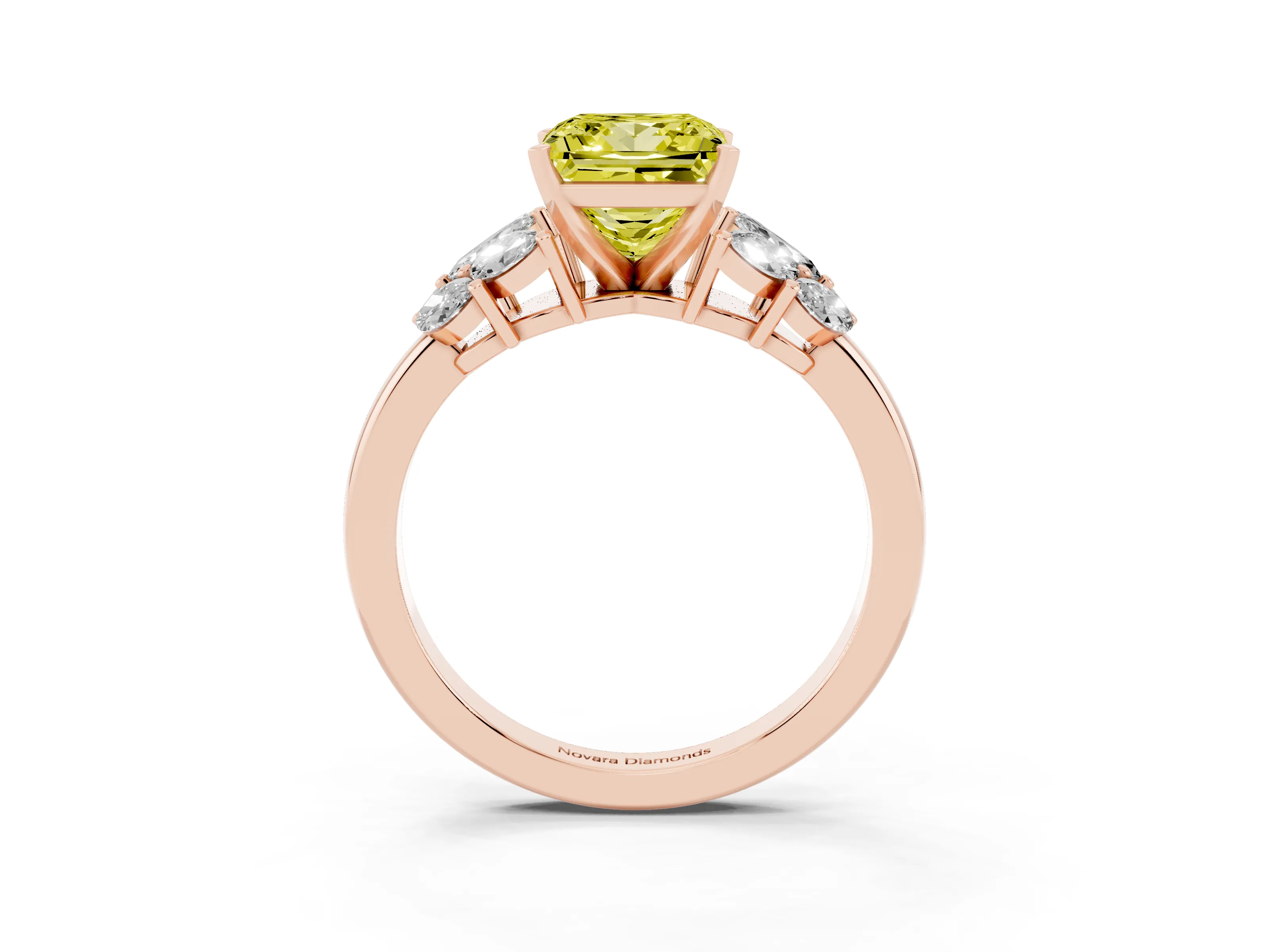 Fancy Yellow Princess Cut Diamond Cluster Leaf Design Ring Set in Rose gold with Prong Setting