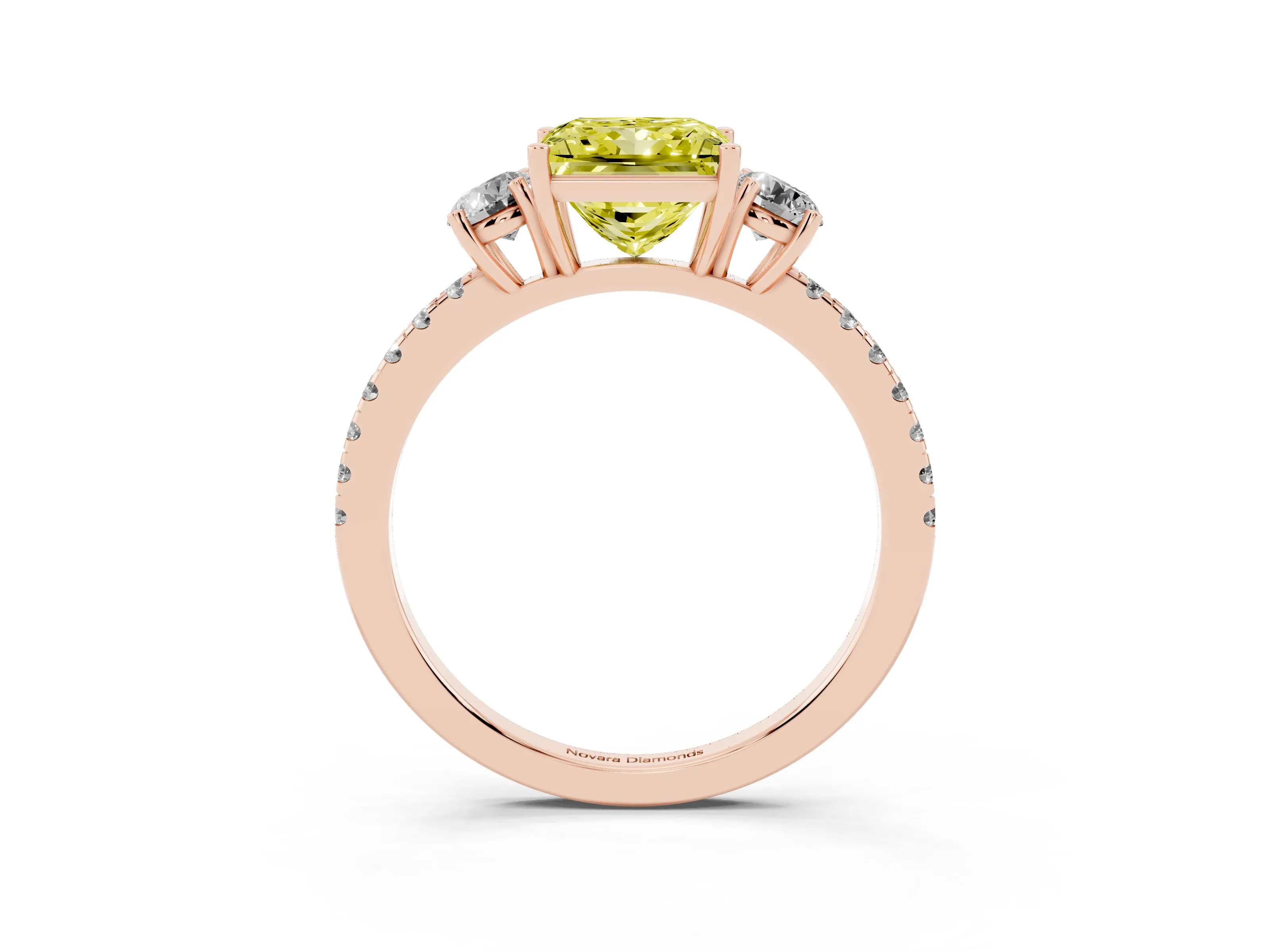 Fancy Yellow Princess Cut Diamond Three-Stone Ring Set in Rose gold with Pavé Band and Graduated Sides
