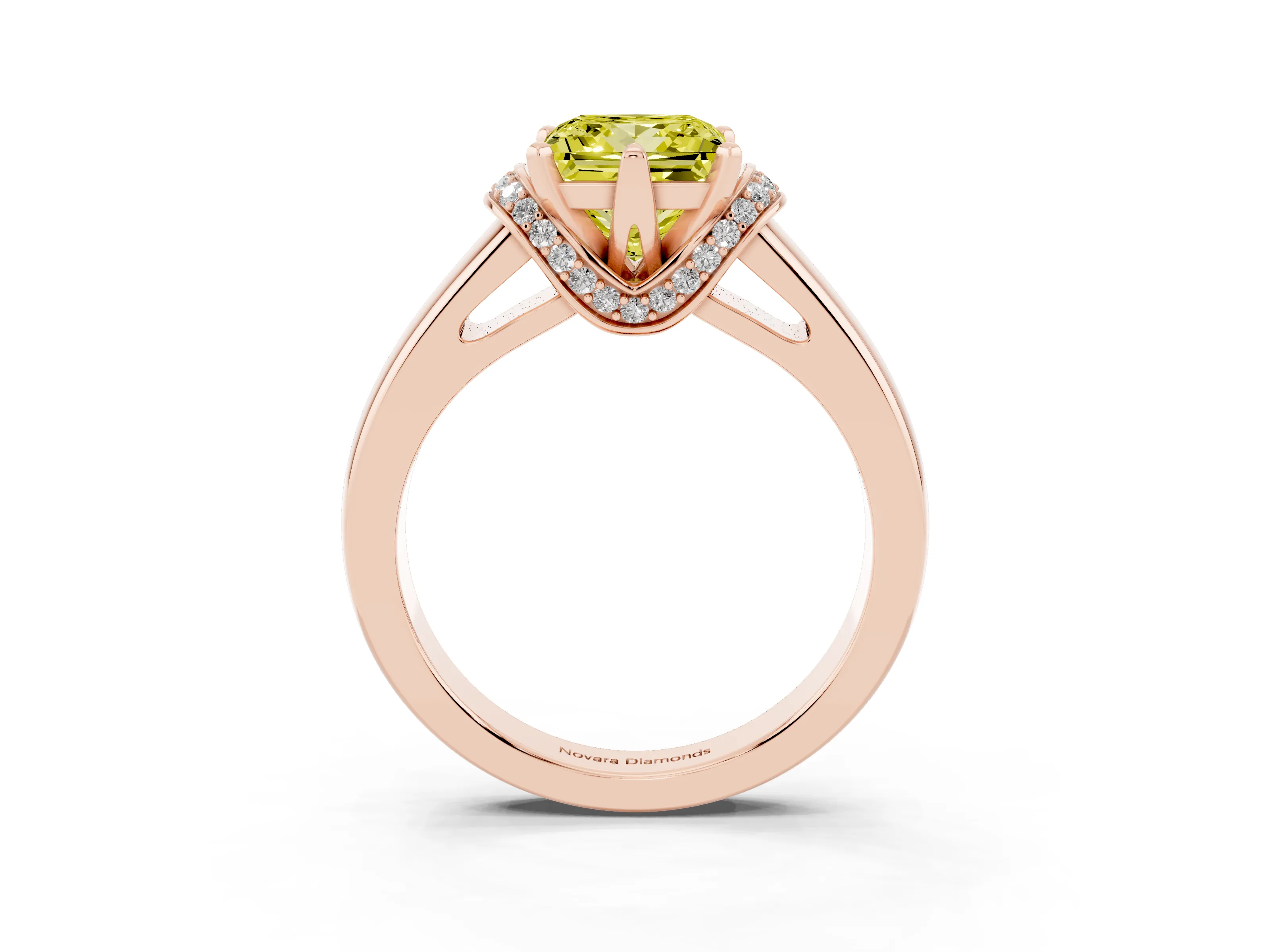 Fancy Yellow Princess Cut Diamond Pavé Band Solitaire Ring Set in Rose gold with Prong Setting