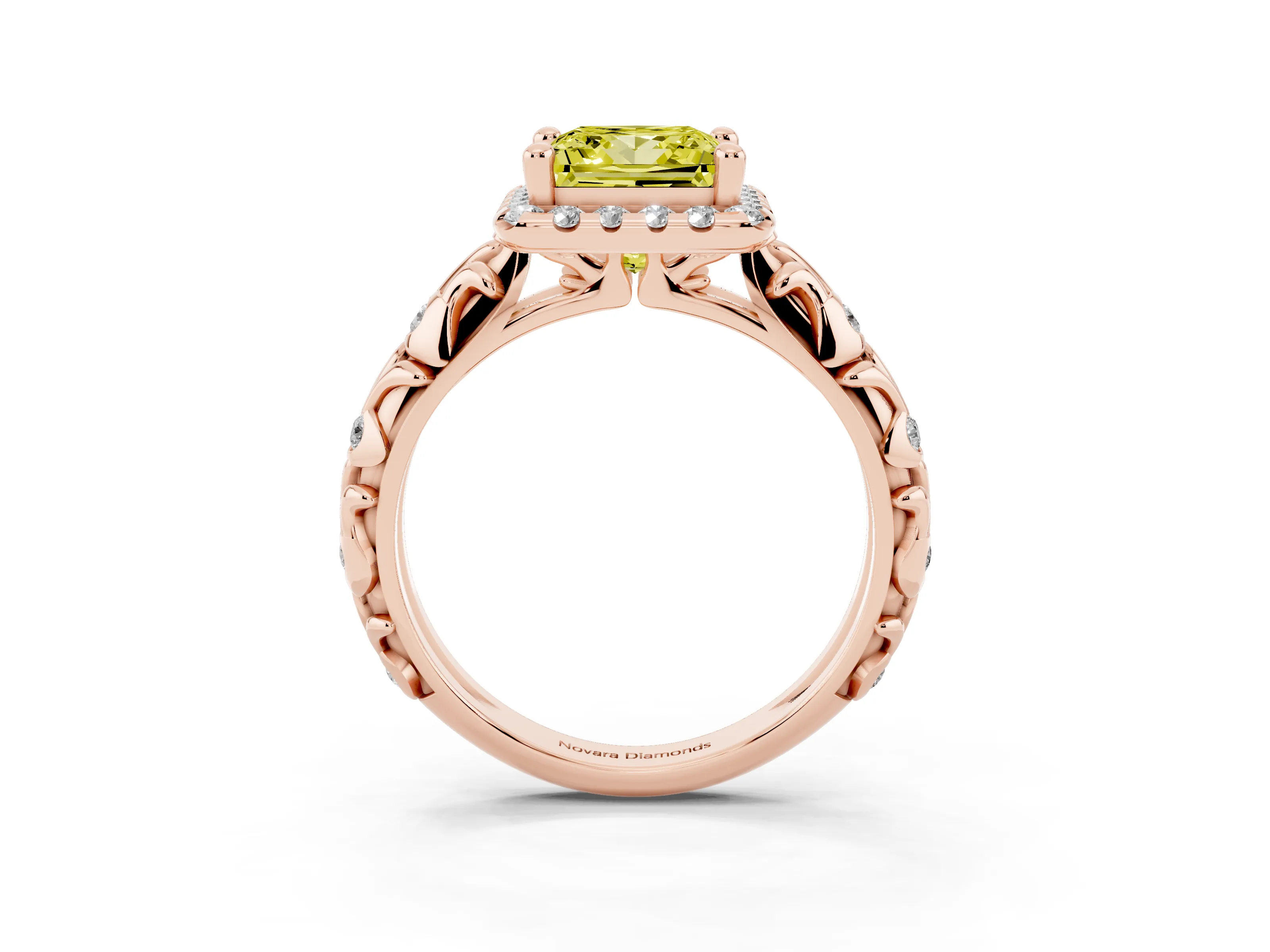 Fancy Yellow Princess Cut Diamond Halo Ring Set in Rose gold with Filigree Leaf Band and Prong Setting