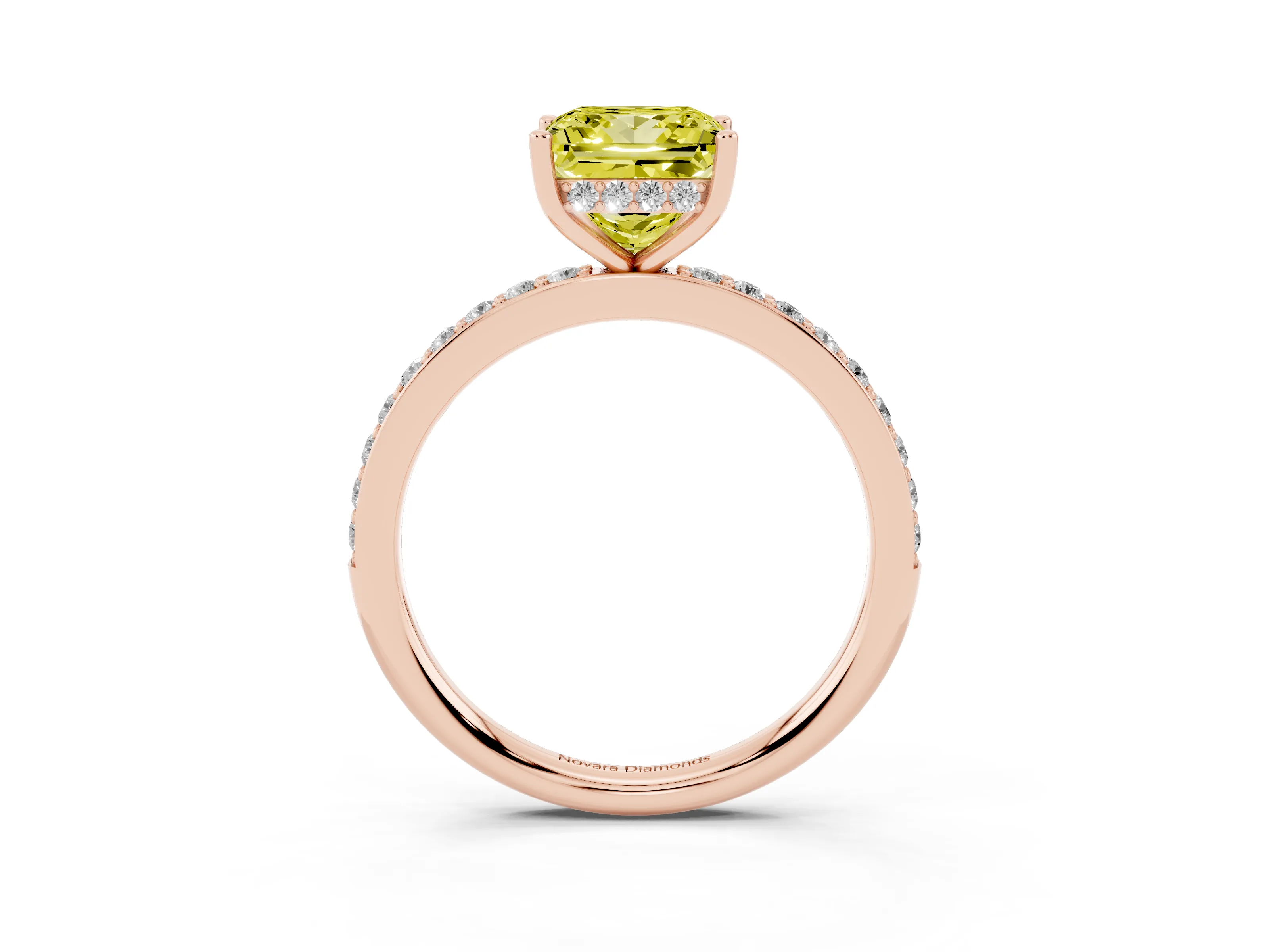 Fancy Yellow Princess Cut Diamond Pavé Band Ring Set in Rose gold with Prong-Set Center Stone