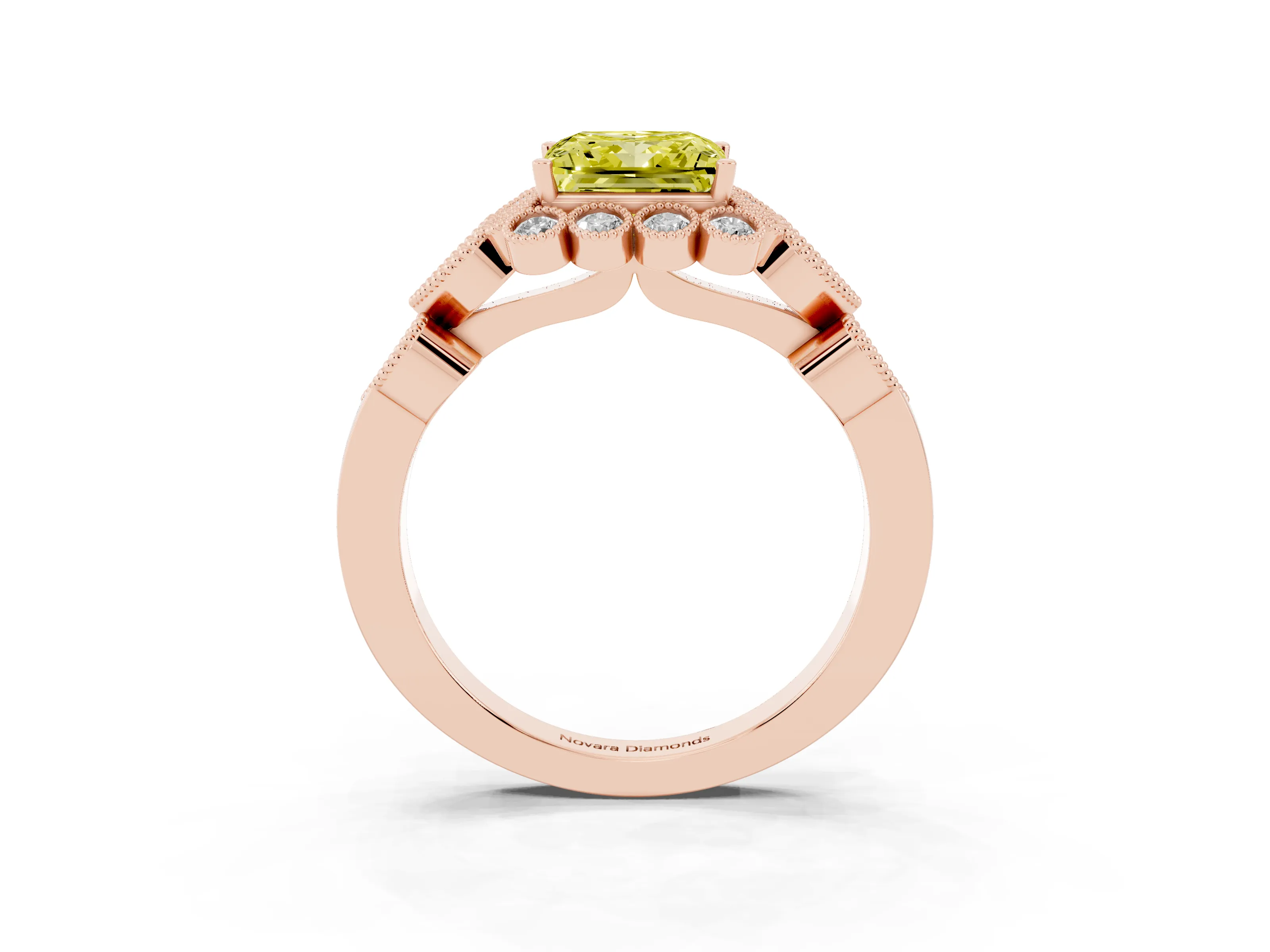 Fancy Yellow Princess Cut Diamond Solitaire Ring Set in Rose gold with Milgrain Pavé Heart Band
