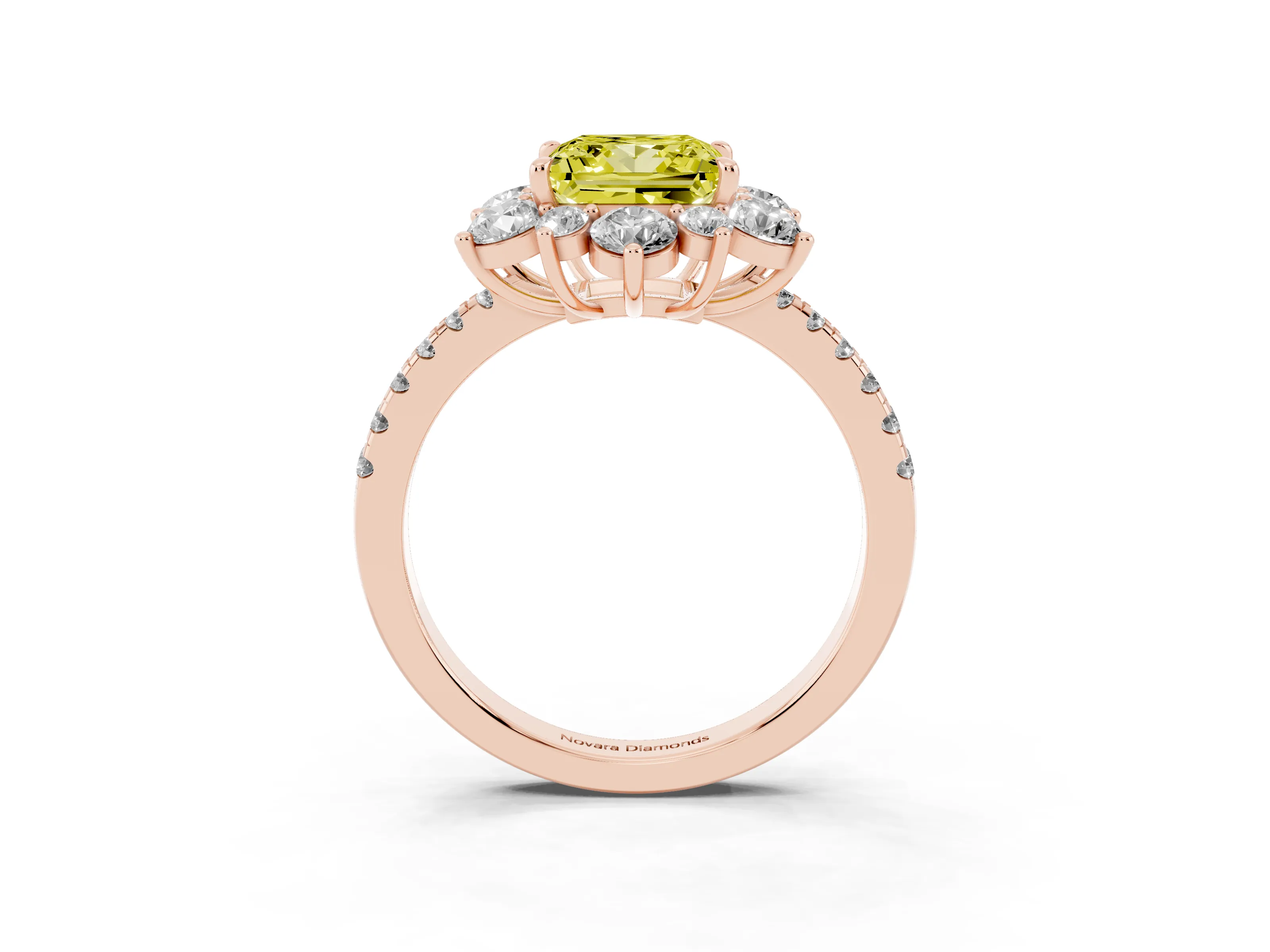 Fancy Yellow Princess Cut Diamond Floral Halo Ring Set in Rose gold with Round Pavé Band and Prong Setting