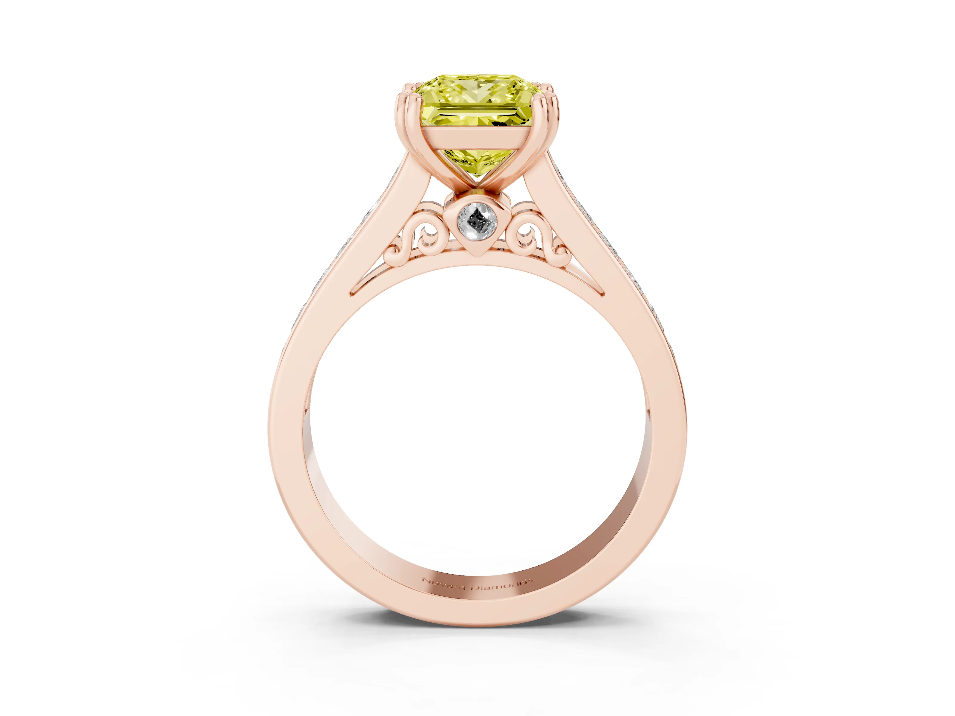 Fancy Yellow Princess Cut Diamond Channel Set Solitaire Engagement Ring Set in Rose gold with Prong Setting
