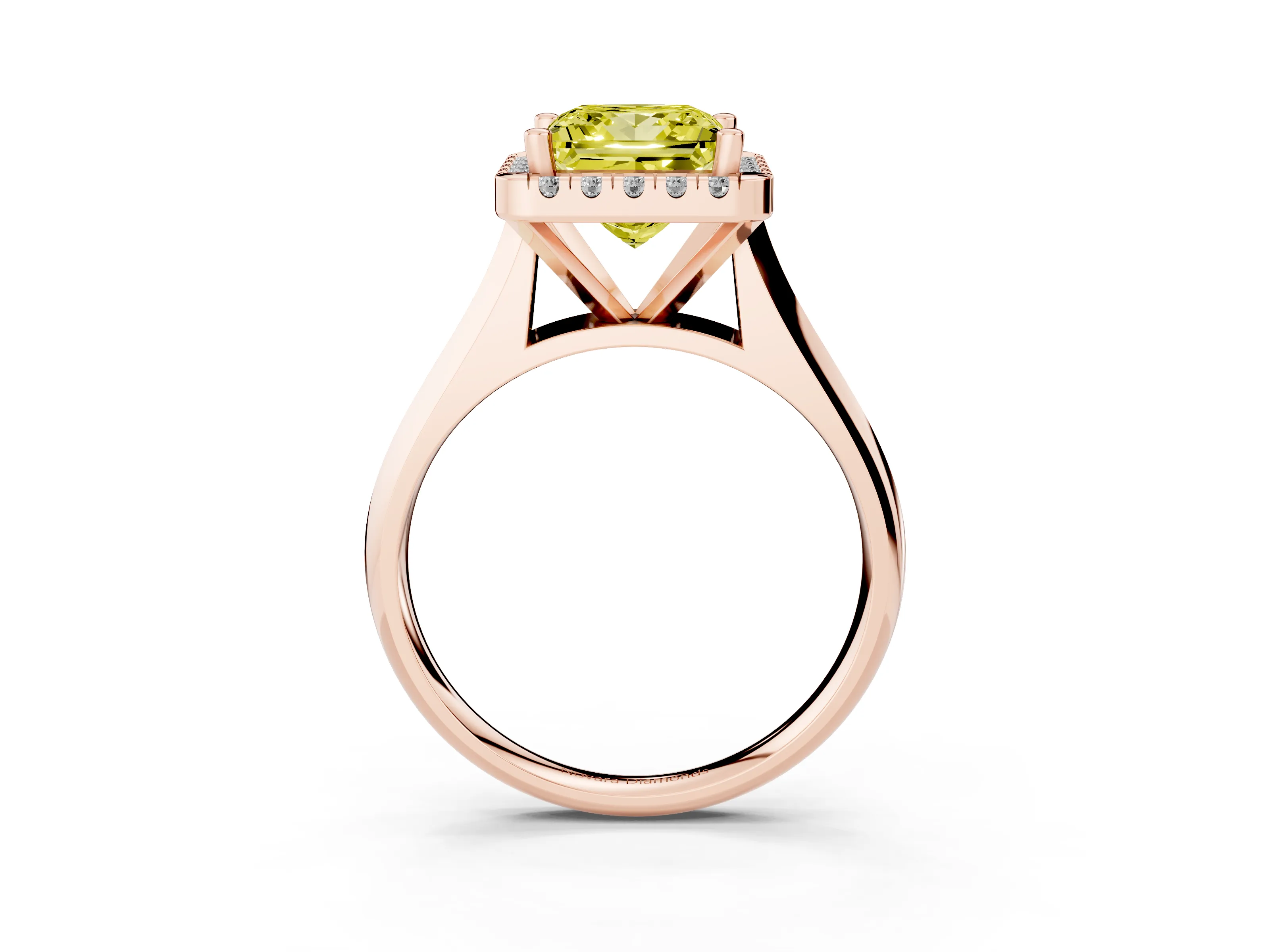 Fancy Yellow Princess Cut Diamond Halo Solitaire Engagement Ring Set in Rose gold with Square Band and Prong Setting