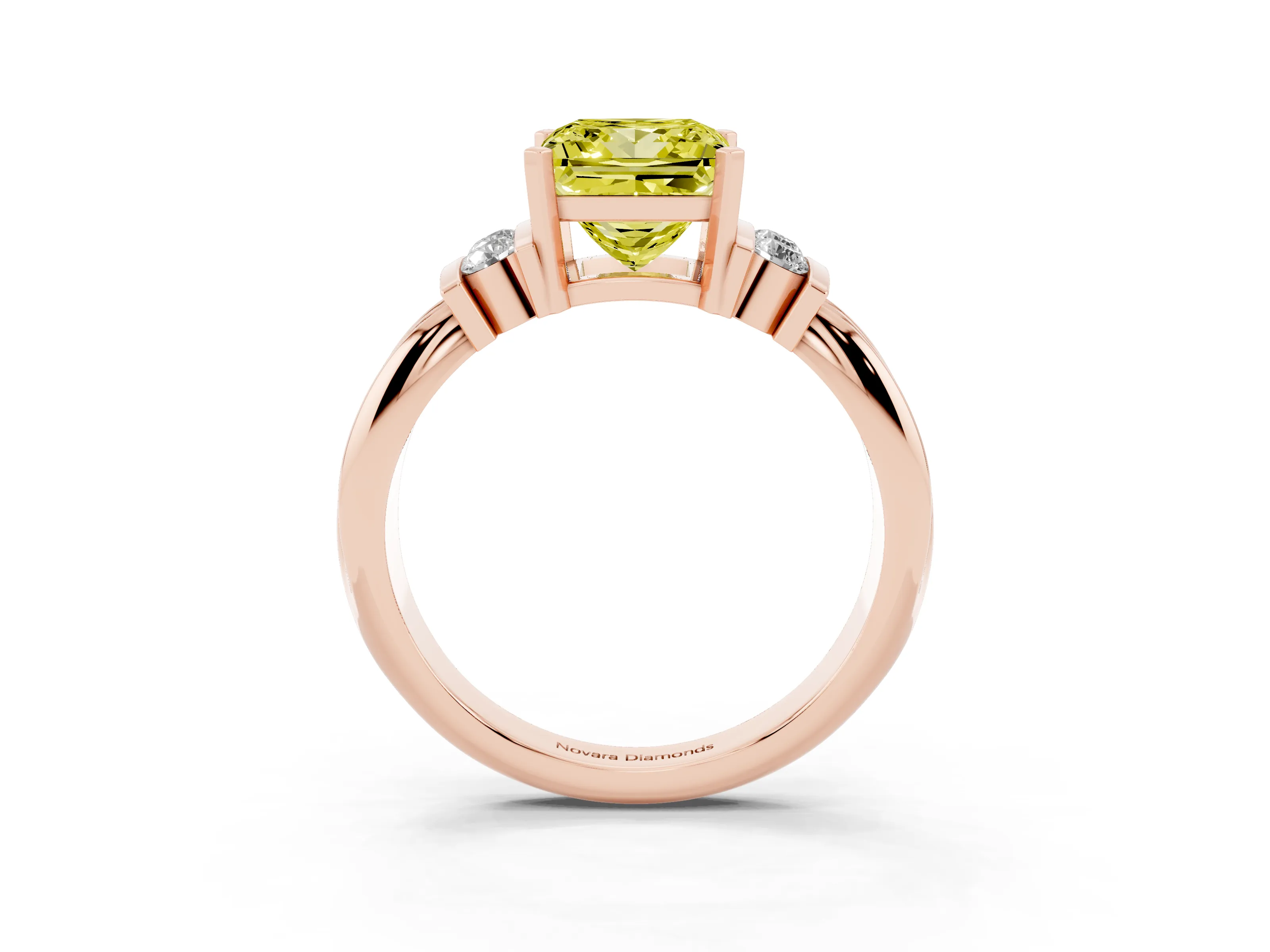 Fancy Yellow Three-Stone Princess Cut Diamond Channel Set Ring Set in Rose gold with Bar Prongs