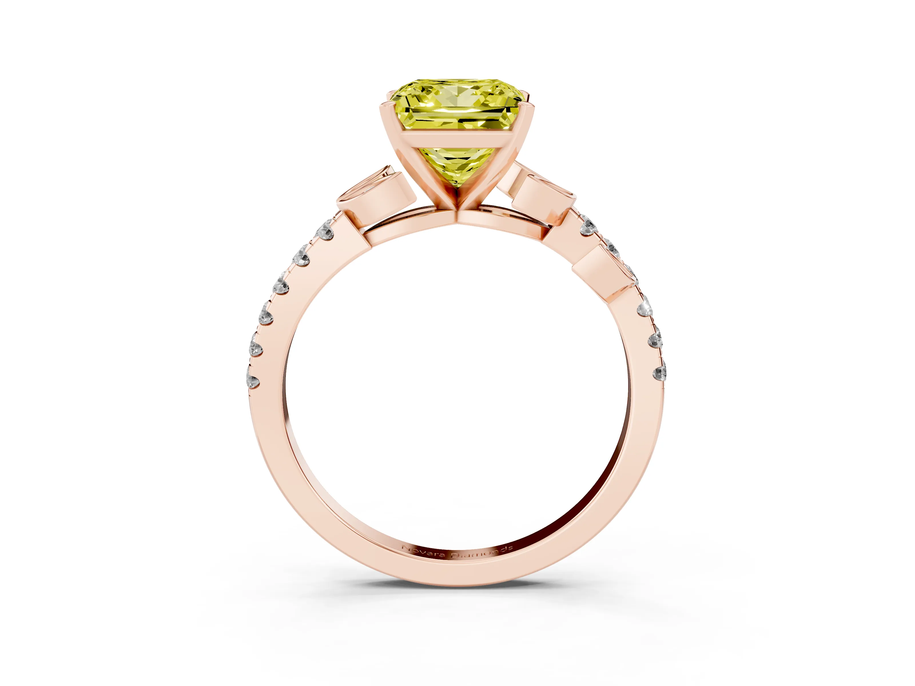 Fancy Yellow Princess Cut Diamond Solitaire Leaf-Inspired Ring Set in Rose gold with Pavé Band and Prong Setting