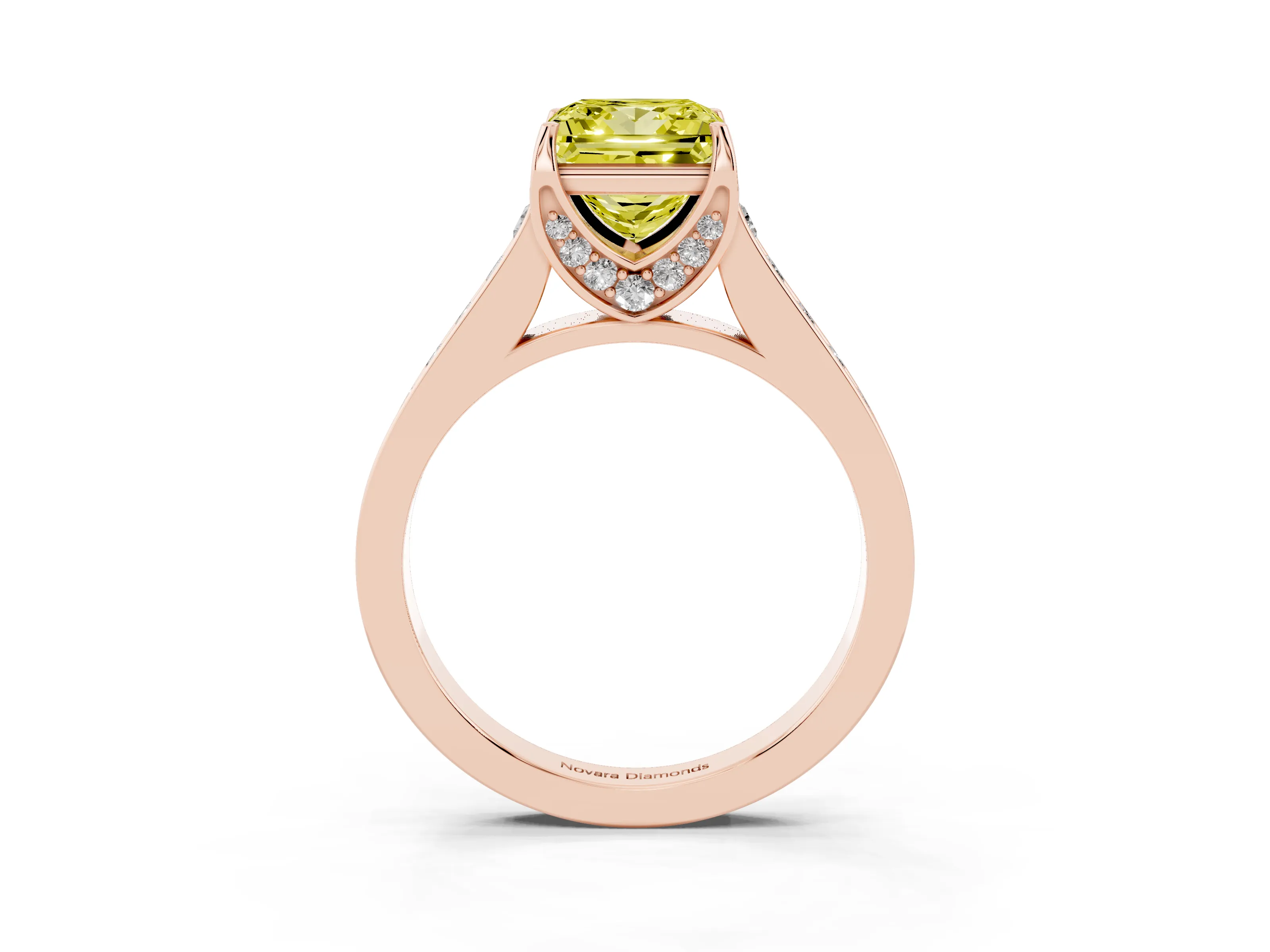 Fancy Yellow Princess Cut Diamond Solitaire Pavé Engagement Ring Set in Rose gold with Prong Setting