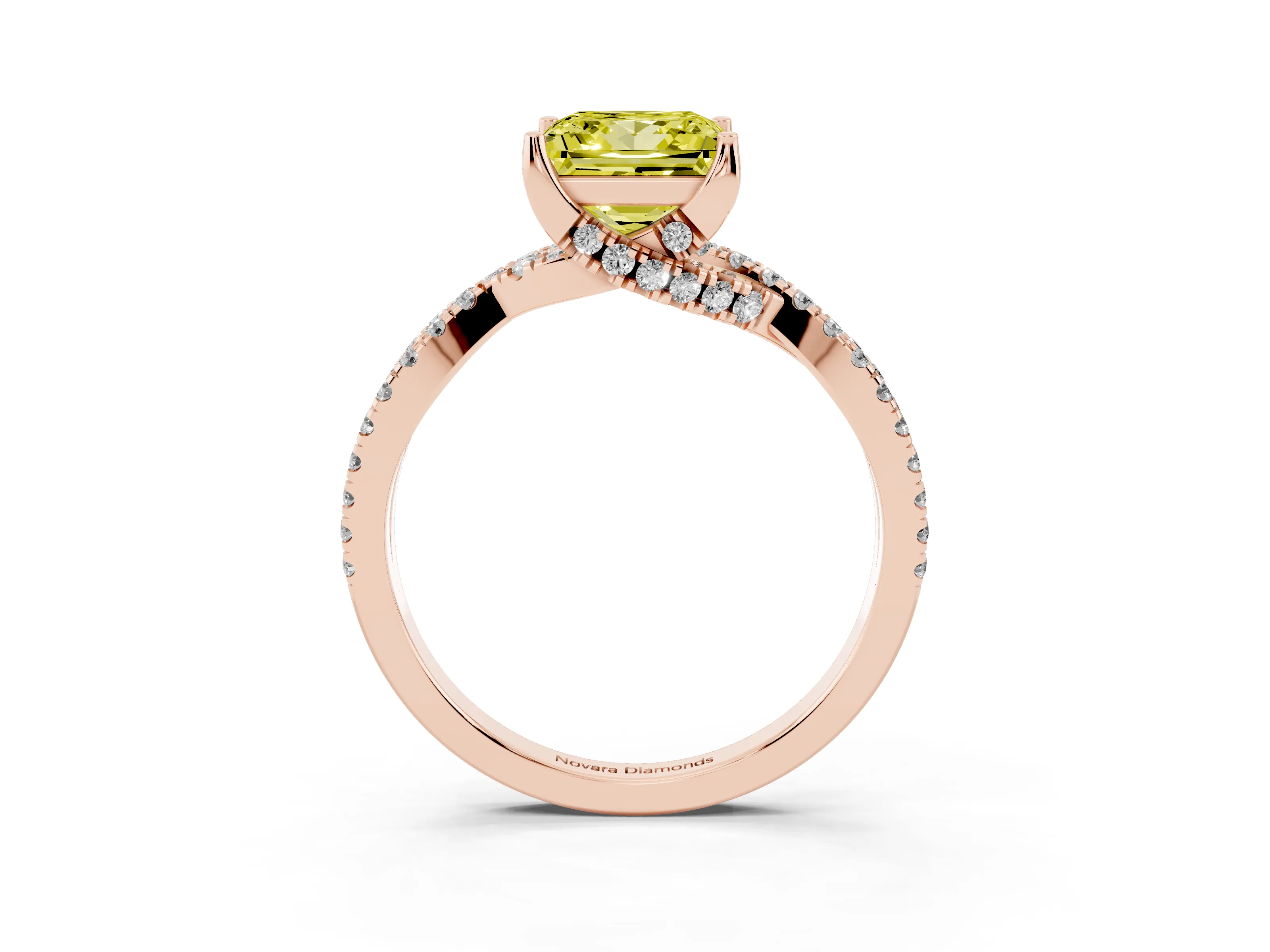 Fancy Yellow Princess Cut Diamond Twist Pavé Solitaire Engagement Ring Set in Rose gold with Prong Setting