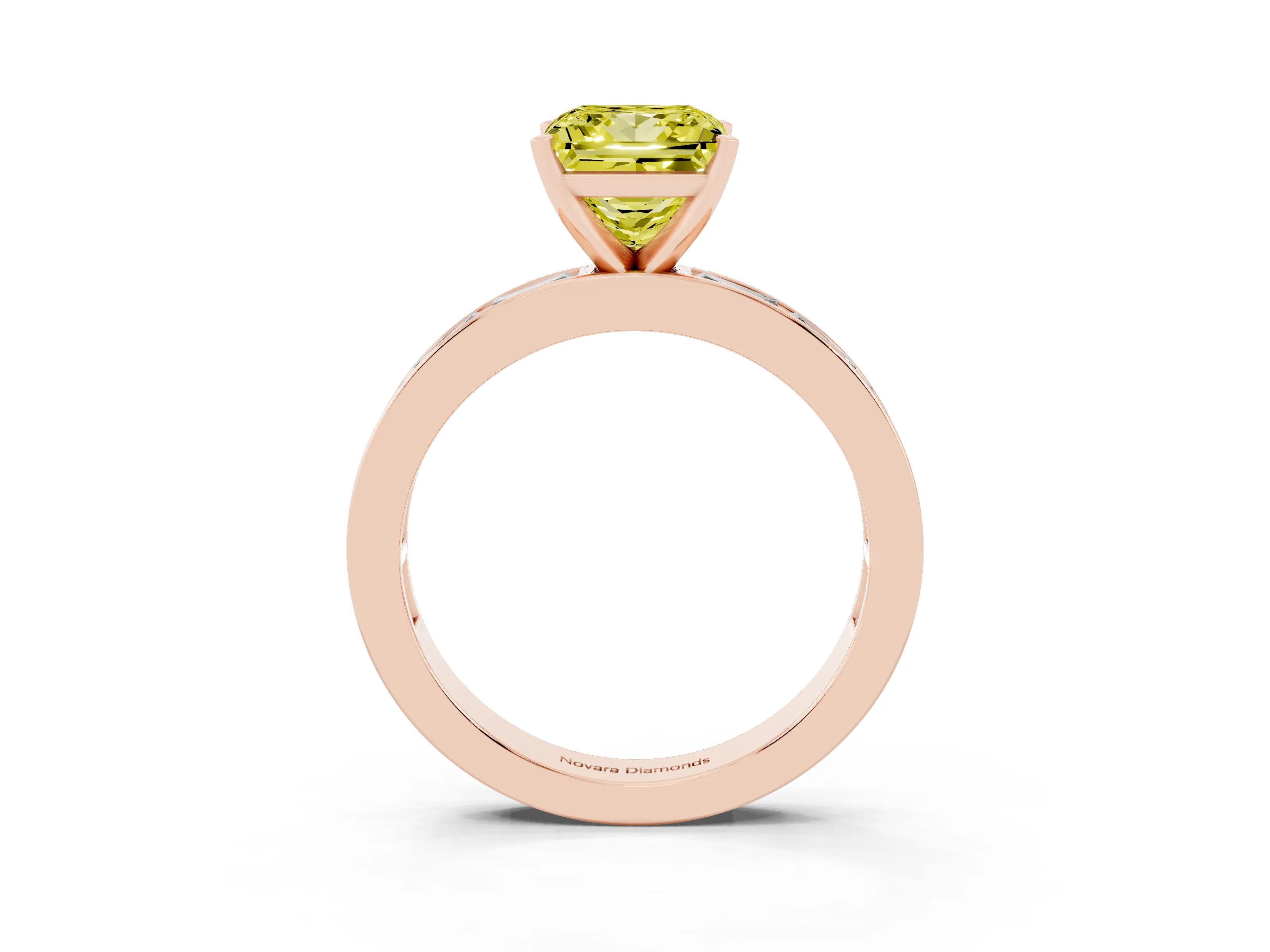 Fancy Yellow Princess Cut Diamond Solitaire Ring Set in Rose gold with Channel-Set Baguette Band and Prong Setting