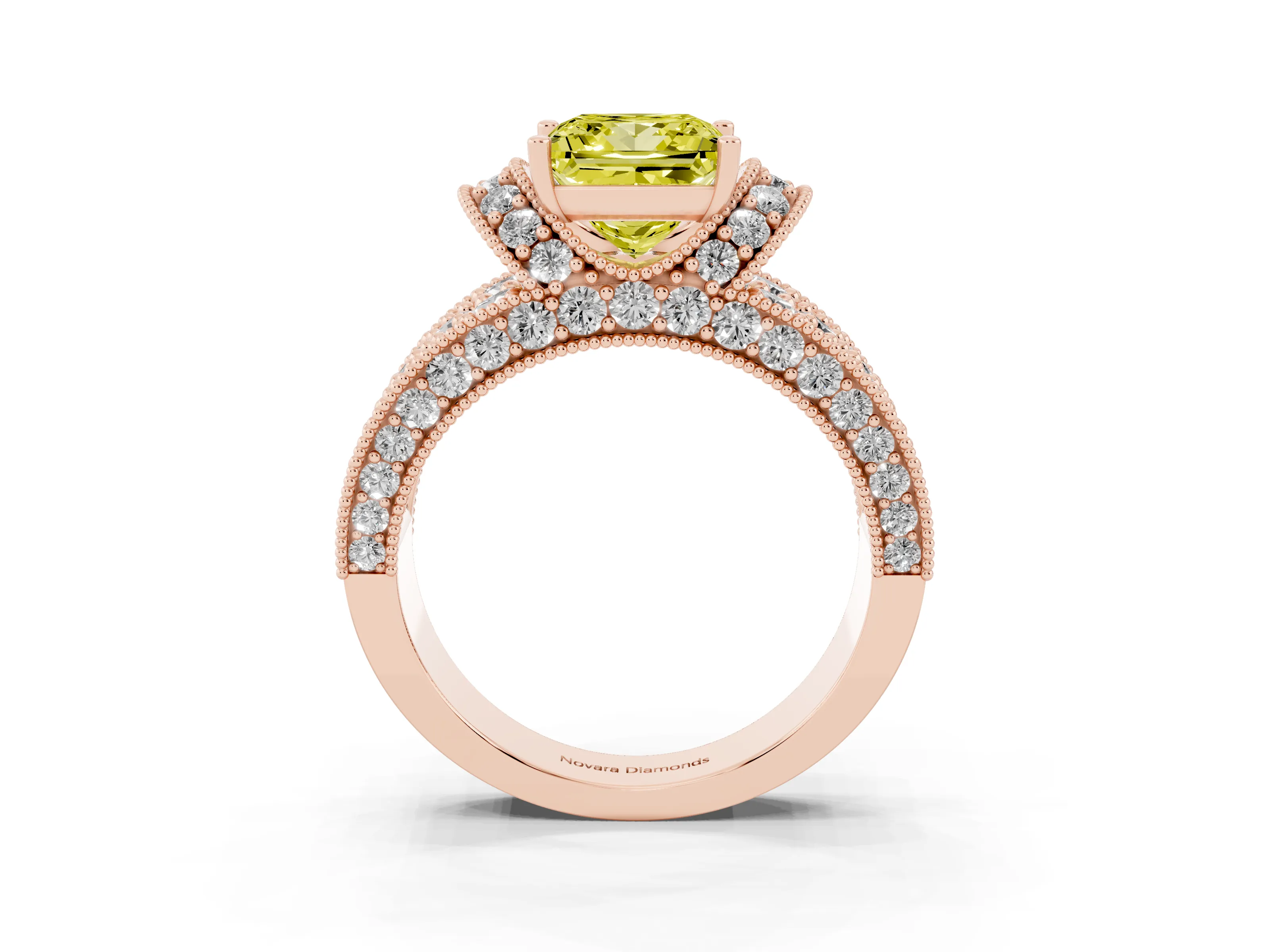 Fancy Yellow Princess Cut Diamond Milgrain Halo Pavé Engagement Ring Set in Rose gold with Prong Setting