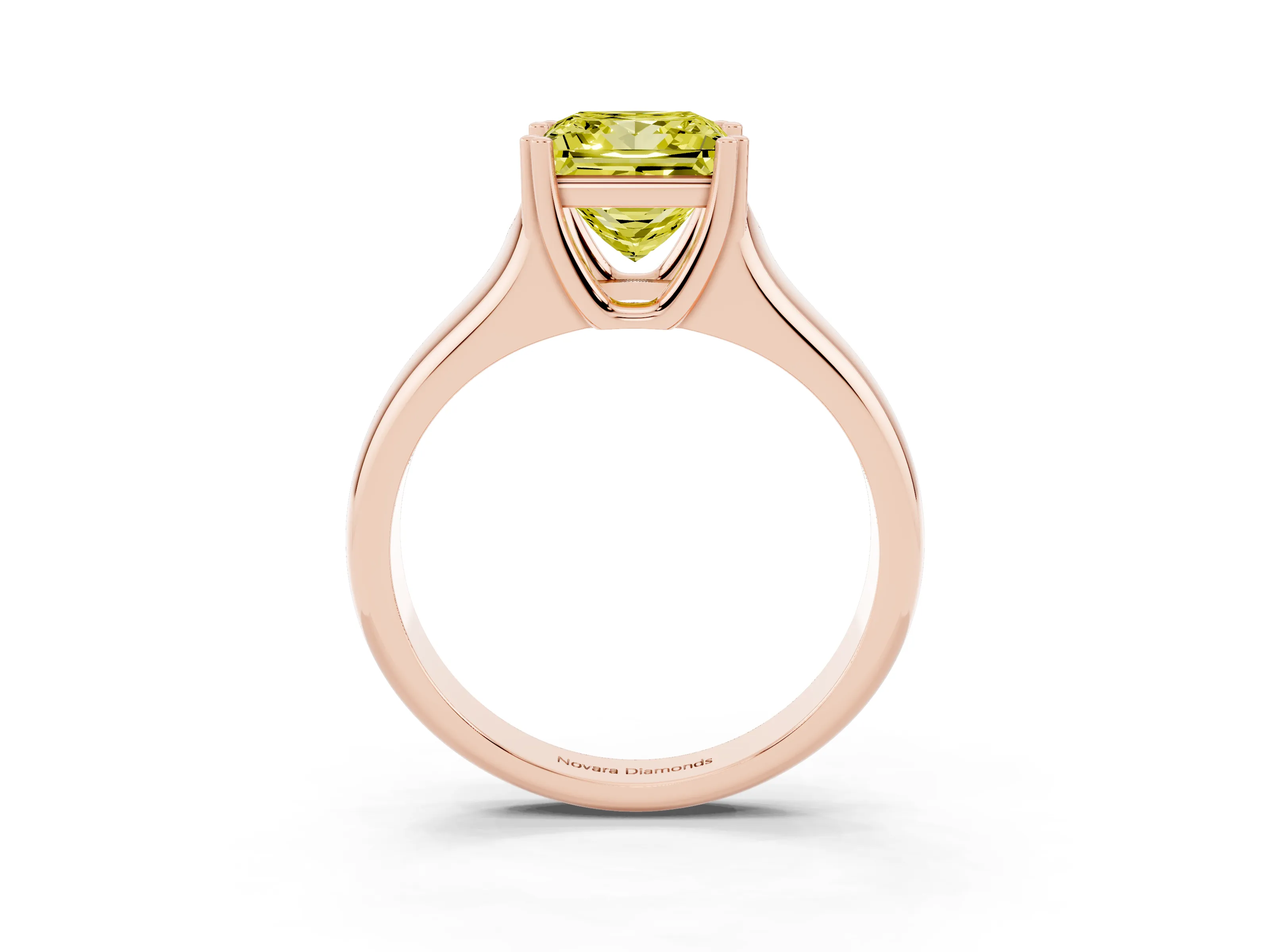 Fancy Yellow Princess Cut Diamond Solitaire Ring Set in Rose gold with Wide Band and Prong Setting