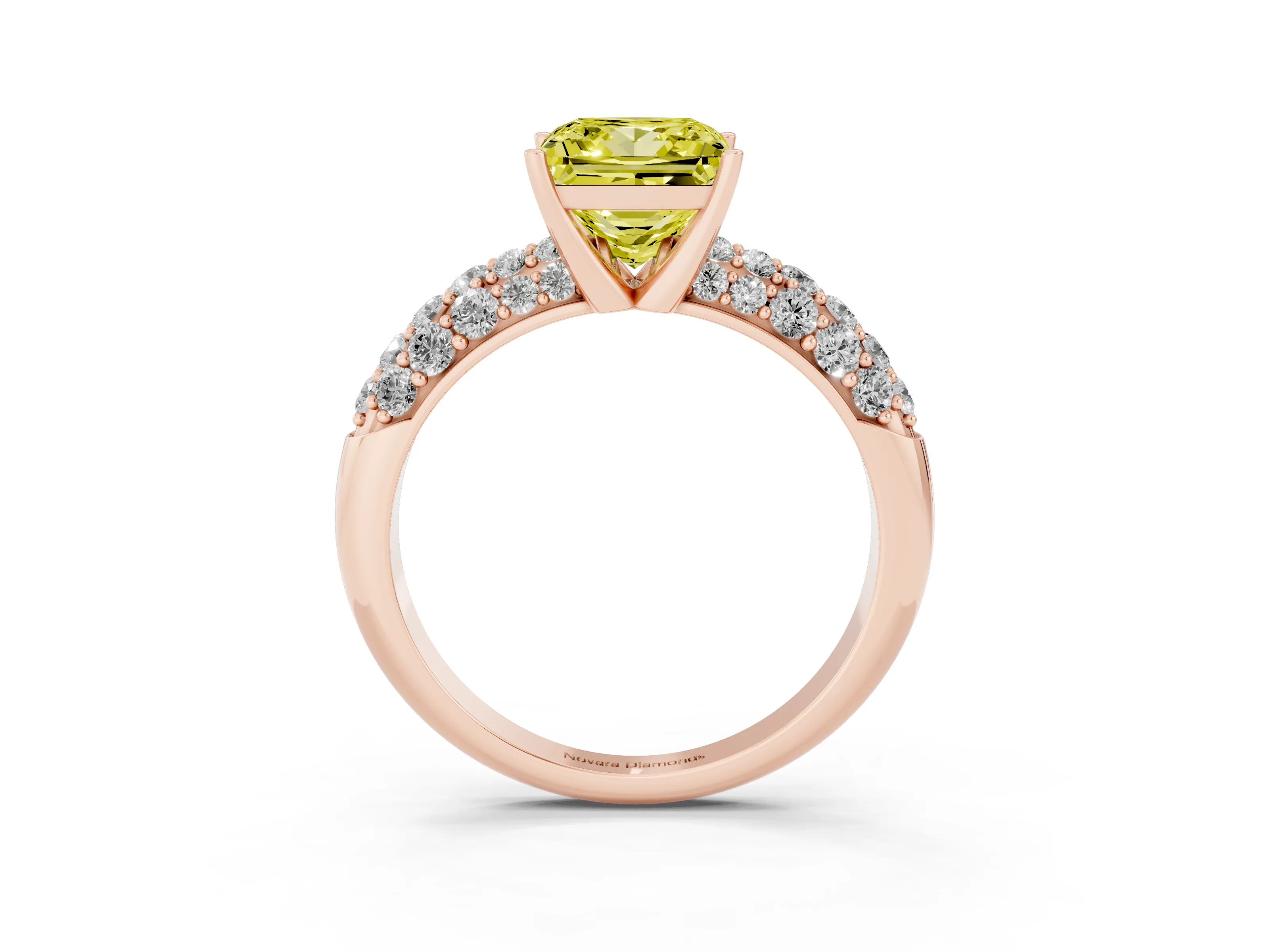 Fancy Yellow Princess Cut Diamond Pavé Band Solitaire Ring Set in Rose gold with Close-Set Accent Stones and Prong Setting