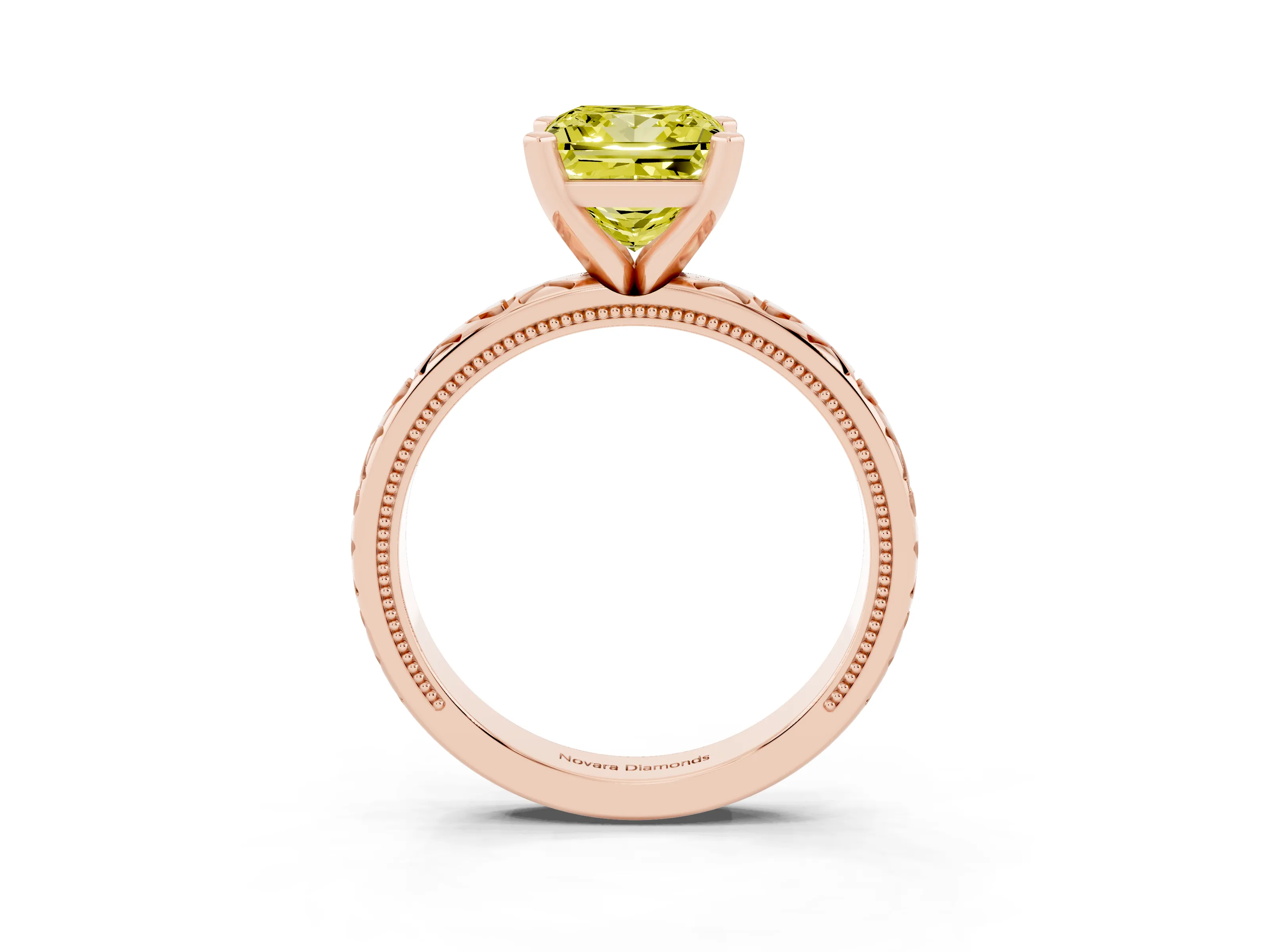 Fancy Yellow Princess Cut Diamond Solitaire Engagement Ring Set in Rose gold with XO Engraved Band and Prong Setting