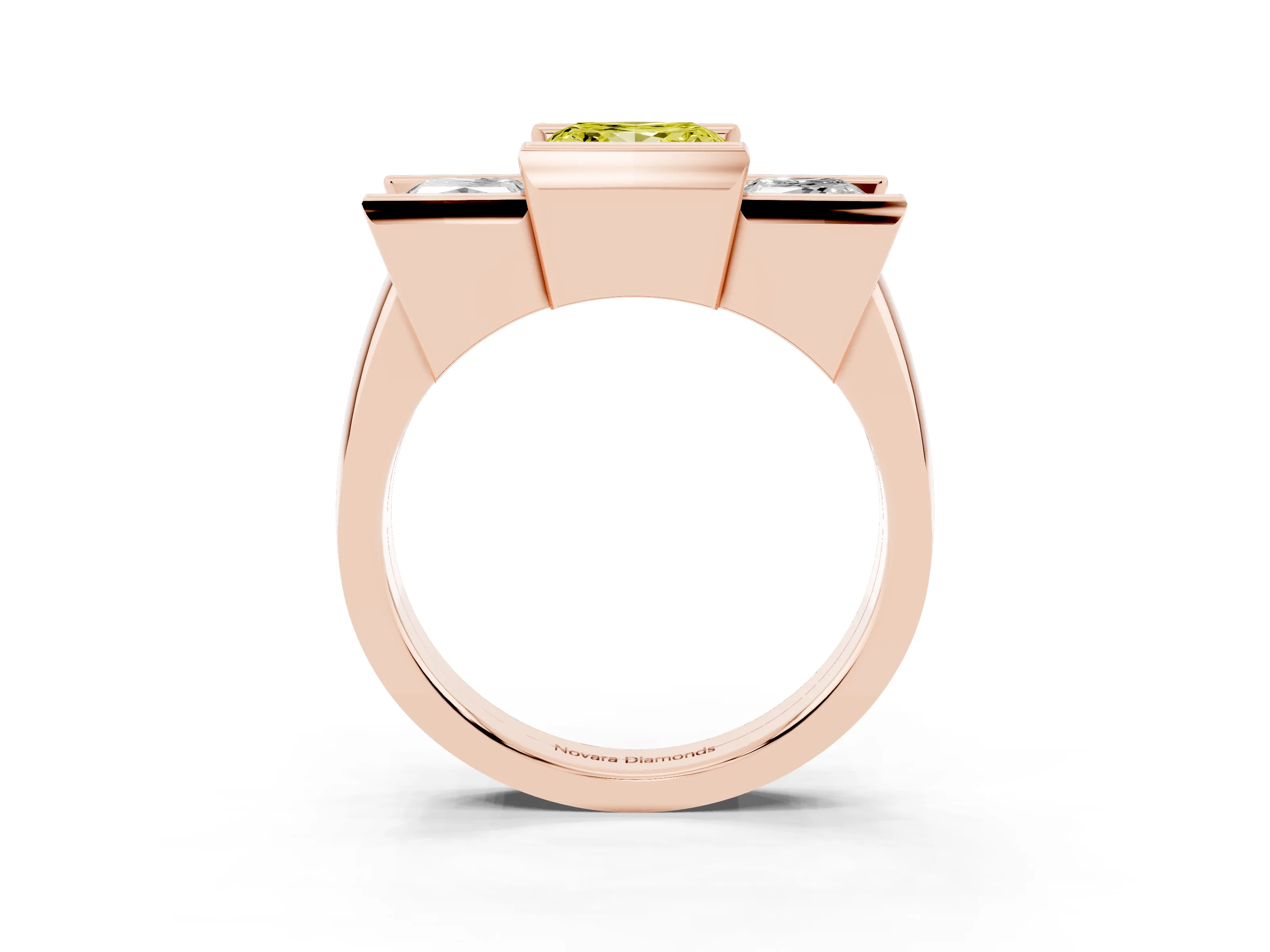 Fancy Yellow Princess Cut Diamond Three-Stone Channel Set Ring Set in Rose gold with Smooth Polished Band
