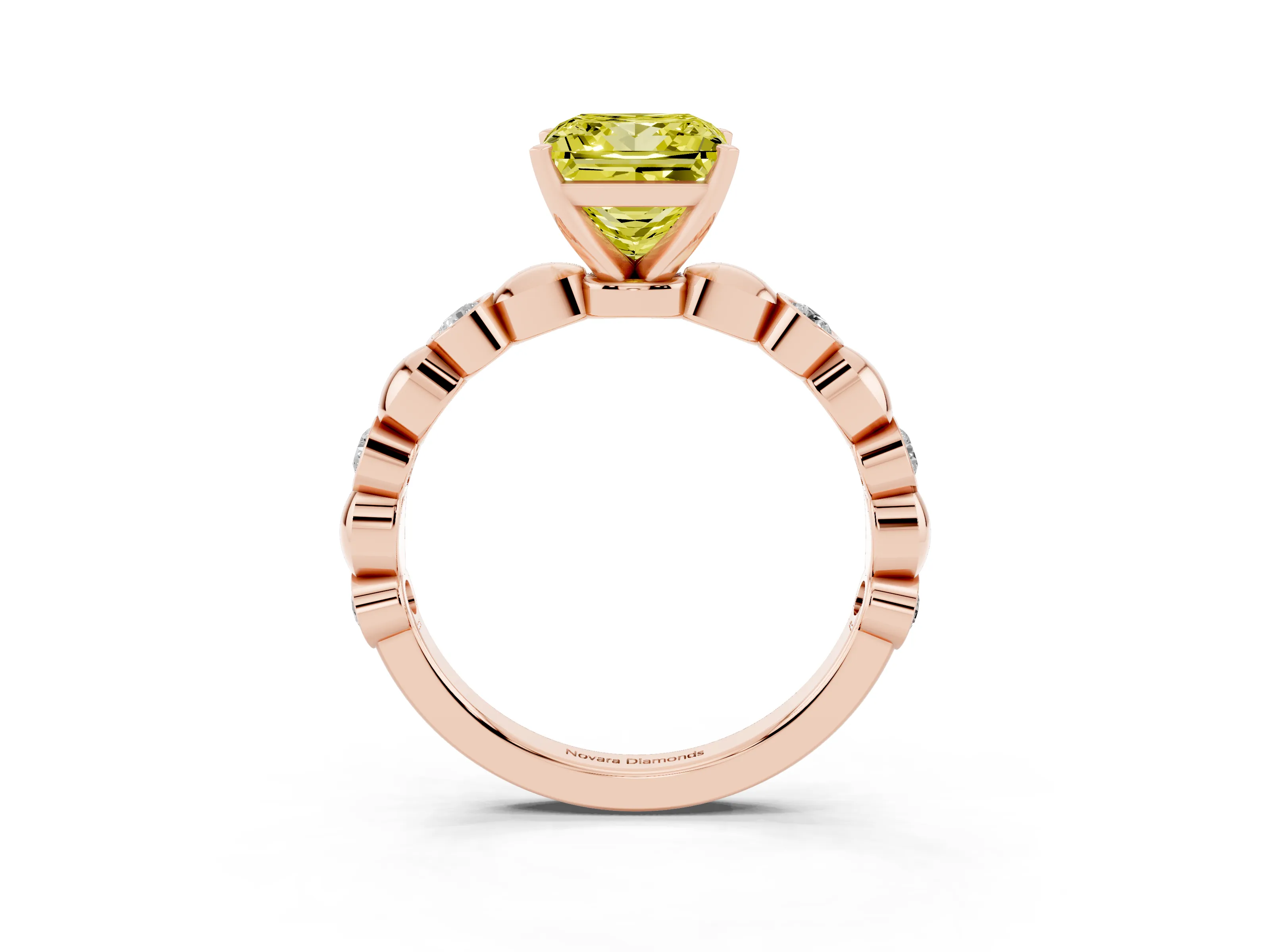 Fancy Yellow Princess Cut Diamond Solitaire Ring Set in Rose gold with Bezel-Set Accents on Beaded Band and Prong Setting