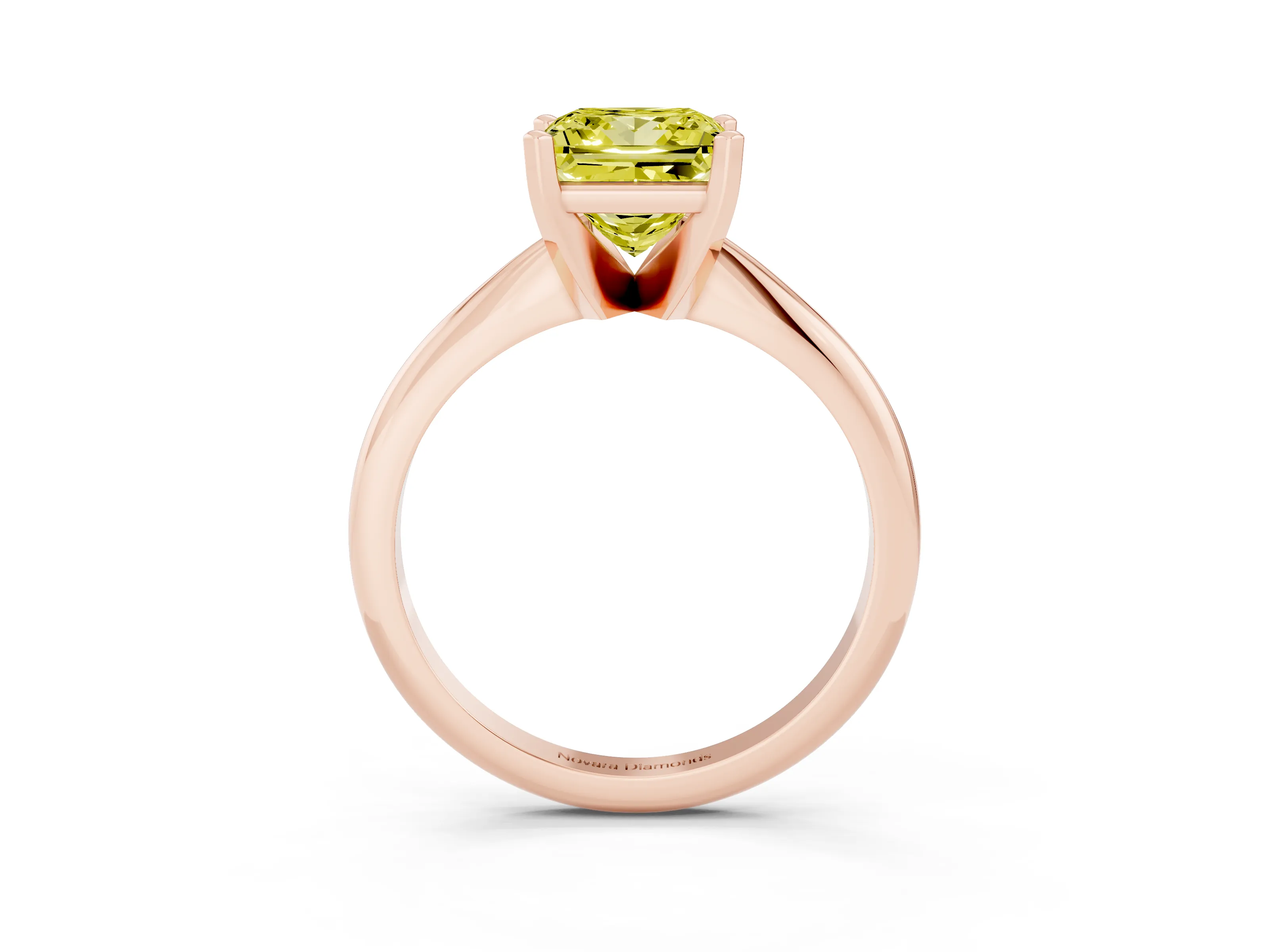 Fancy Yellow Princess Cut Diamond Solitaire Ring Set in Rose gold with Prong Setting on a Plain Round Band