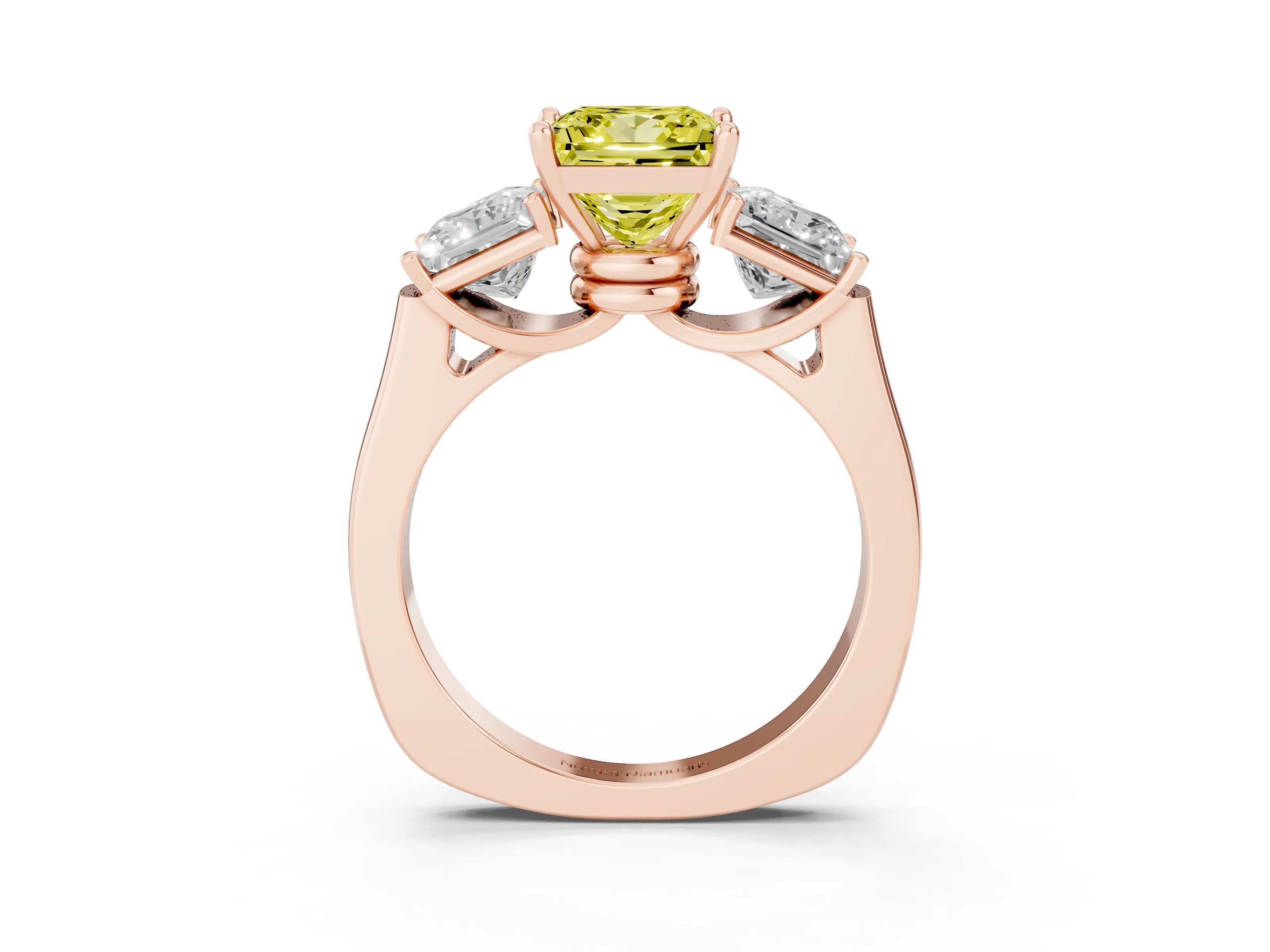 Fancy Yellow Princess Cut Diamond Three-Stone Trellis Ring Set in Rose gold with Comfort Fit Band