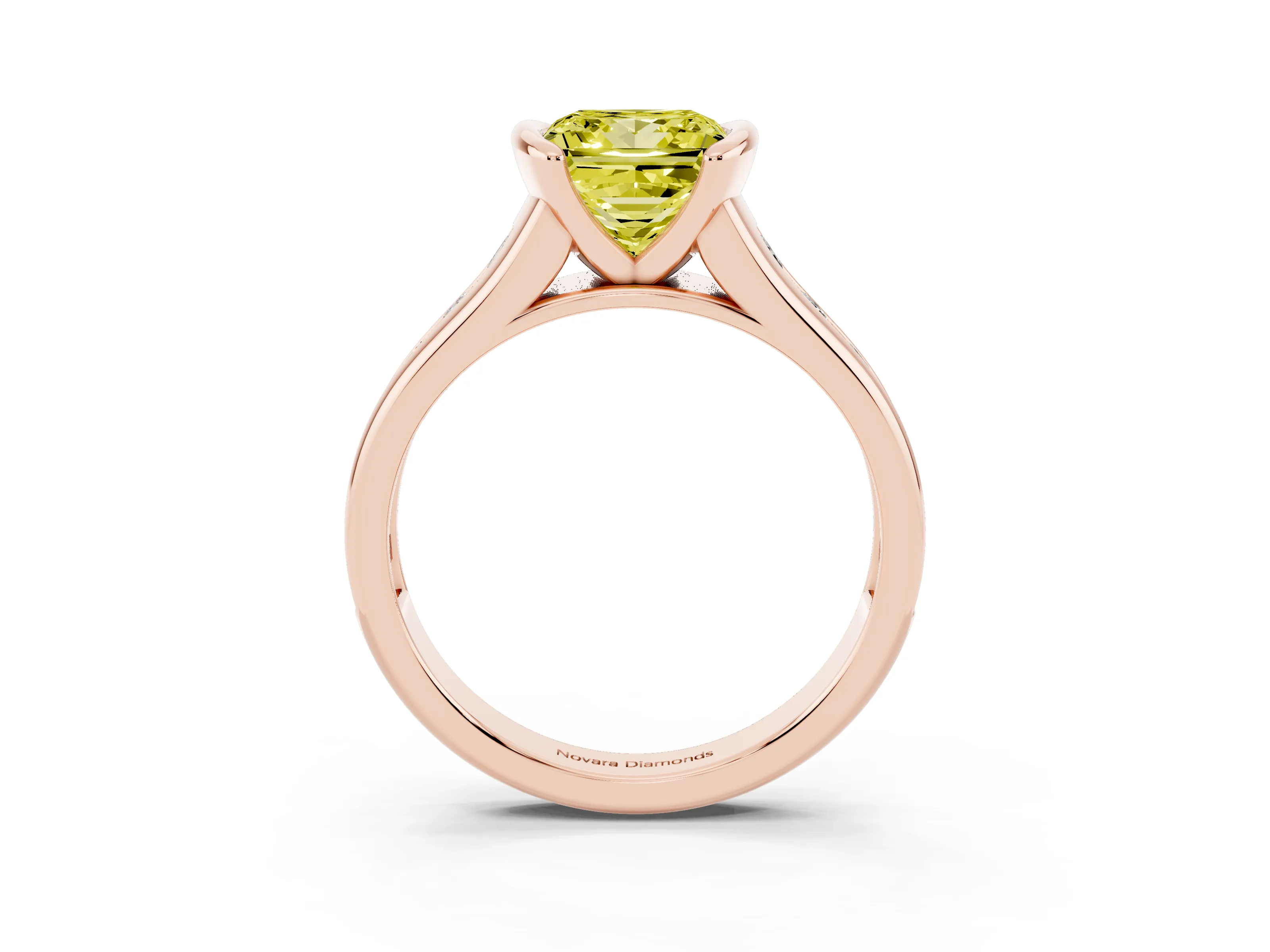 Fancy Yellow Princess Cut Diamond Bezel-Set Solitaire Ring Set in Rose gold with Channel-Set Band