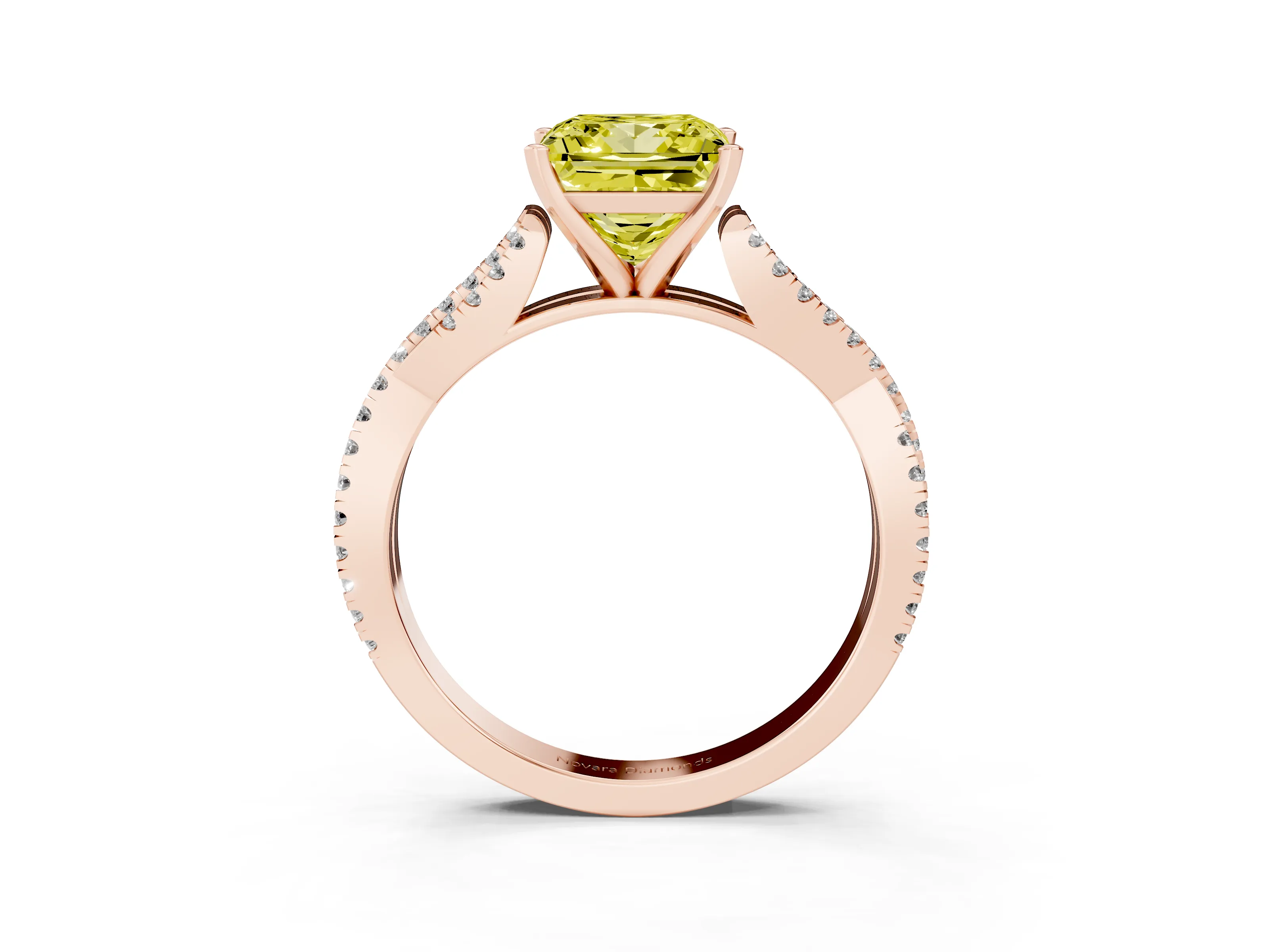 Fancy Yellow Princess Cut Diamond Solitaire Engagement Ring Set in Rose gold with Twisted Pavé Band and Prong Setting