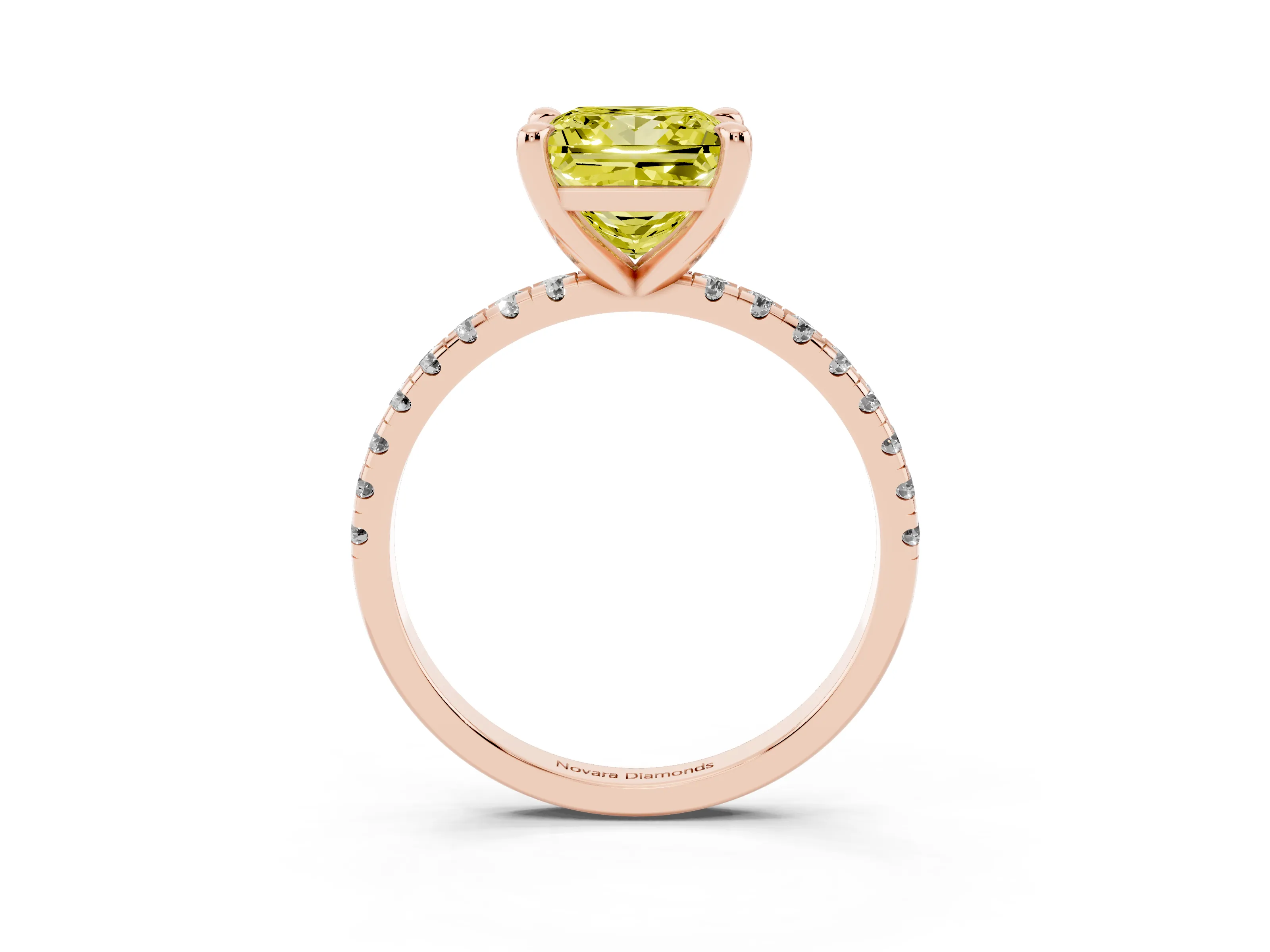 Fancy Yellow Princess Cut Diamond Brilliant Solitaire Ring Set in Rose gold with Pavé Band and Prong Setting