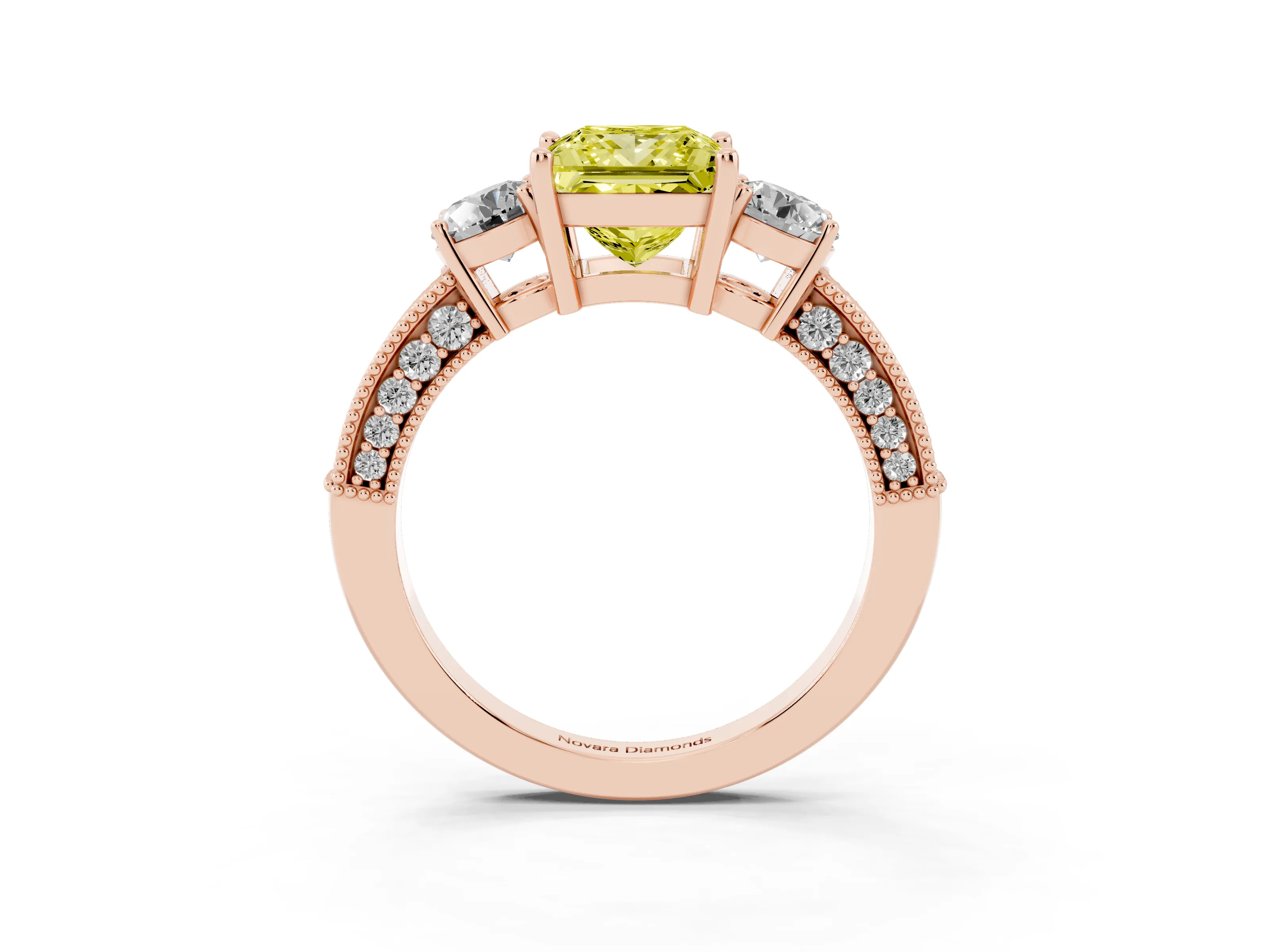 Fancy Yellow Princess Cut Diamond Three-Stone Ring Set in Rose gold with Round Side Stones and Pavé Band